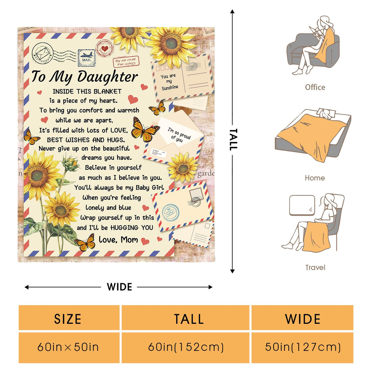 Hohoto Gifts for Daughter from Mom Dad, Best Wishes Throw Blanket for My Daughter Girls,Sunflower Inspirational Birthdays Graduation Wedding Present, Daughter Bedroom Decor Blanket 50"x60"