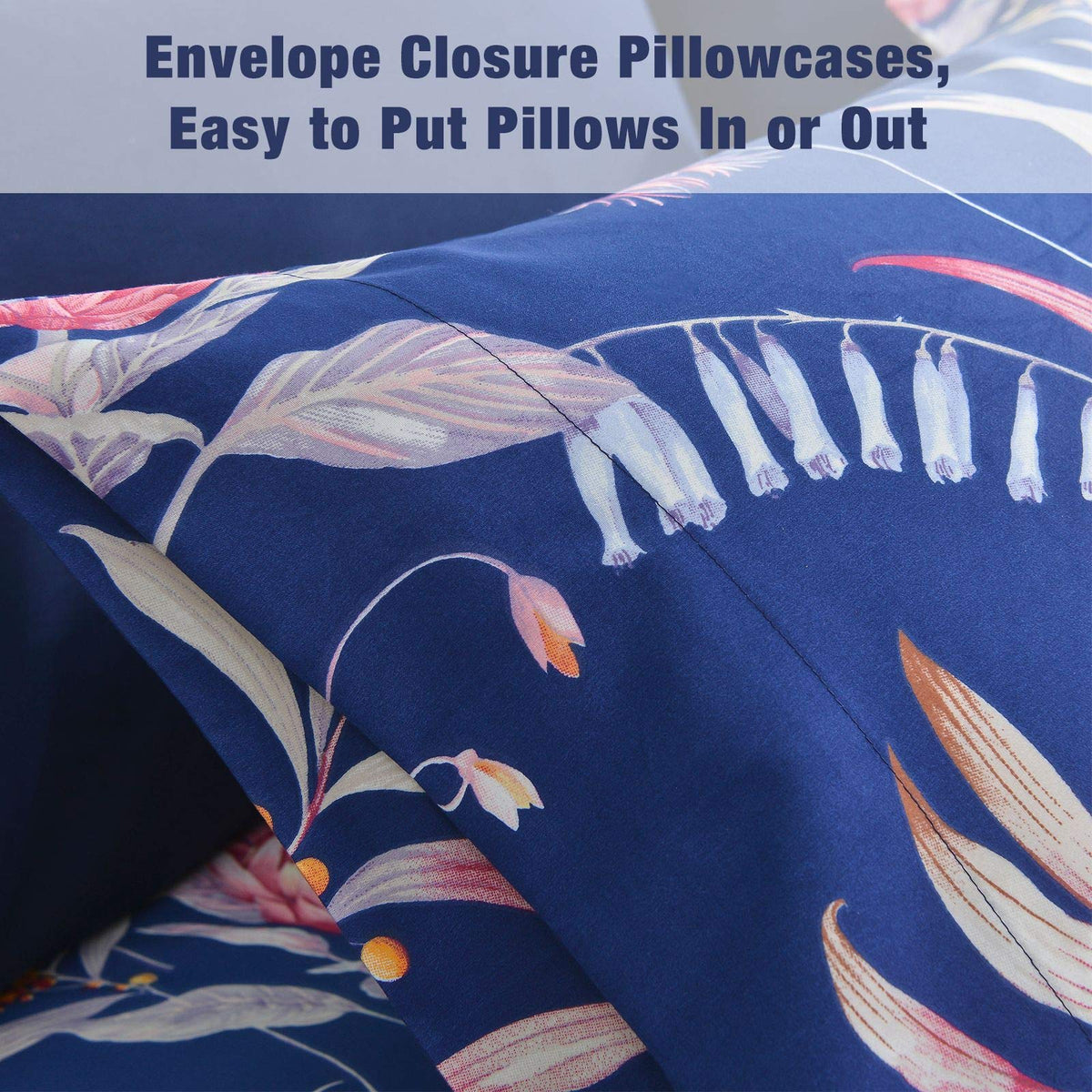 JSD Navy Blue Floral Printed King Sheet Set, 6 Piece Botanical Pattern Microfiber Sheets Extra Deep Pocket