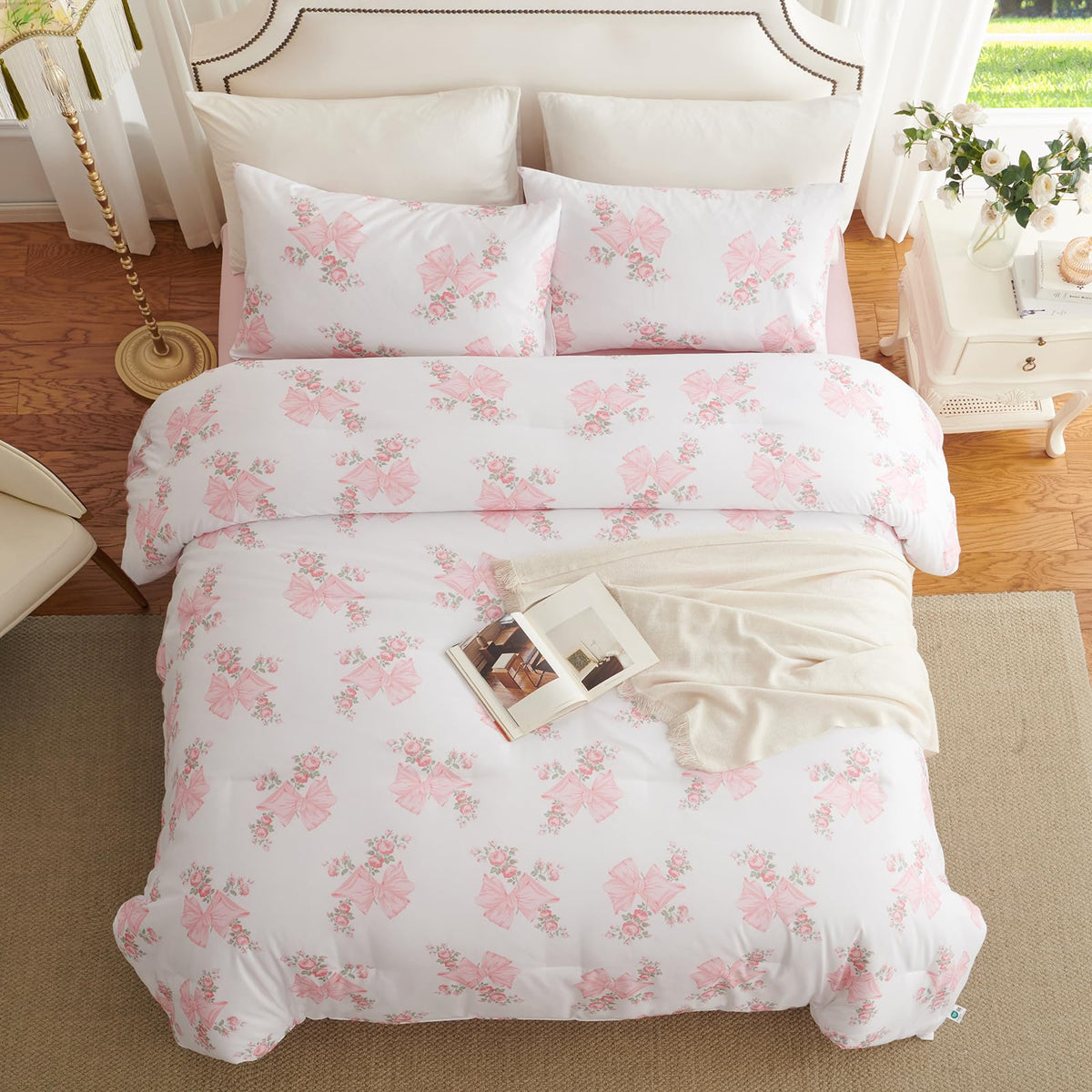 Nayoroom Pink Bow Comforter Set Queen Size Pink Floral Bed Comforter for Girls 3 Pieces Soft Lightweight Kids Cute Coquette Bedding Set for All Seasons