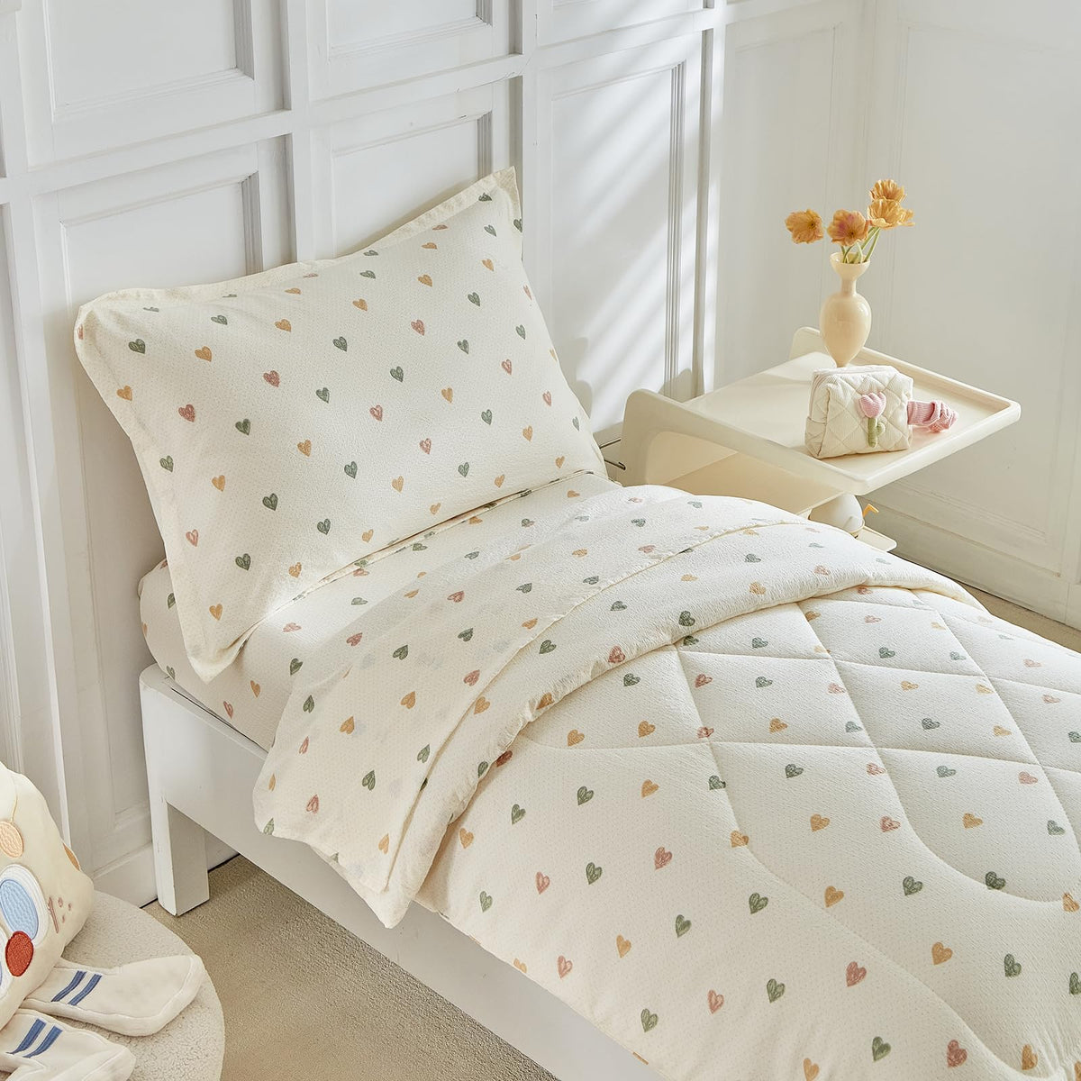 DuShow White Star Toddler Bedding Set,4 Pieces Reversible Toddler Comforter Set,Ultra Soft Crib Bed Set for Girls and Boys,Including Comforter,Sheets and Pillowcase