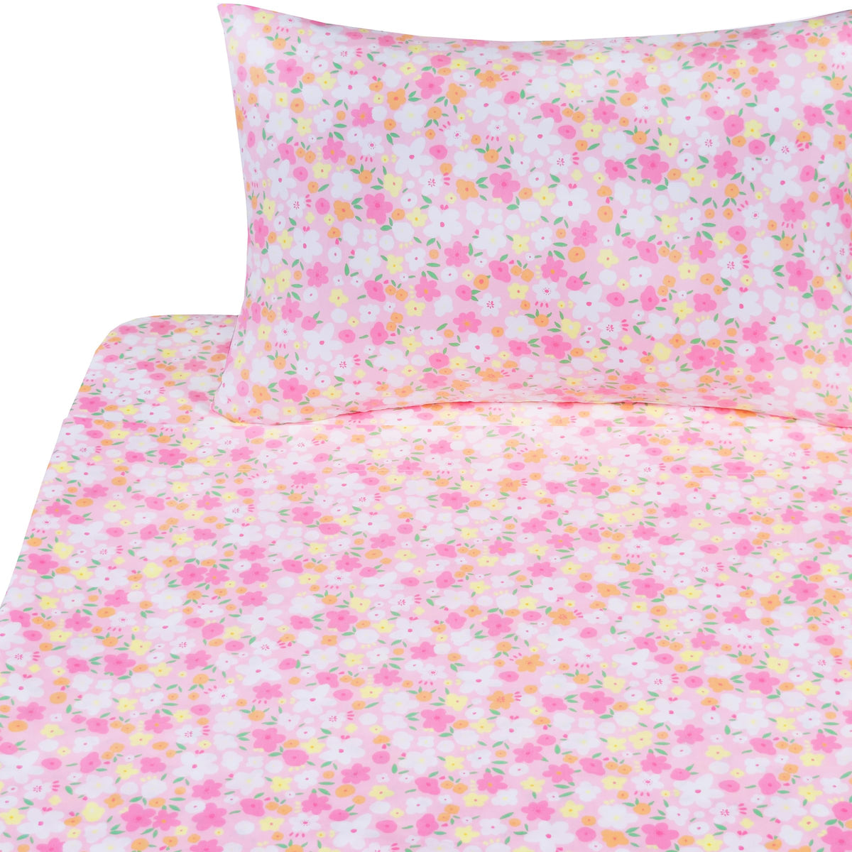 J-pinno Pink Floral Flower Cartoon 100% Cotton Twin 3 Pieces Sheet Set Decoration Kids Boys Girls Children Flat Sheet + Fitted Sheet + Pillowcase Bedding Set