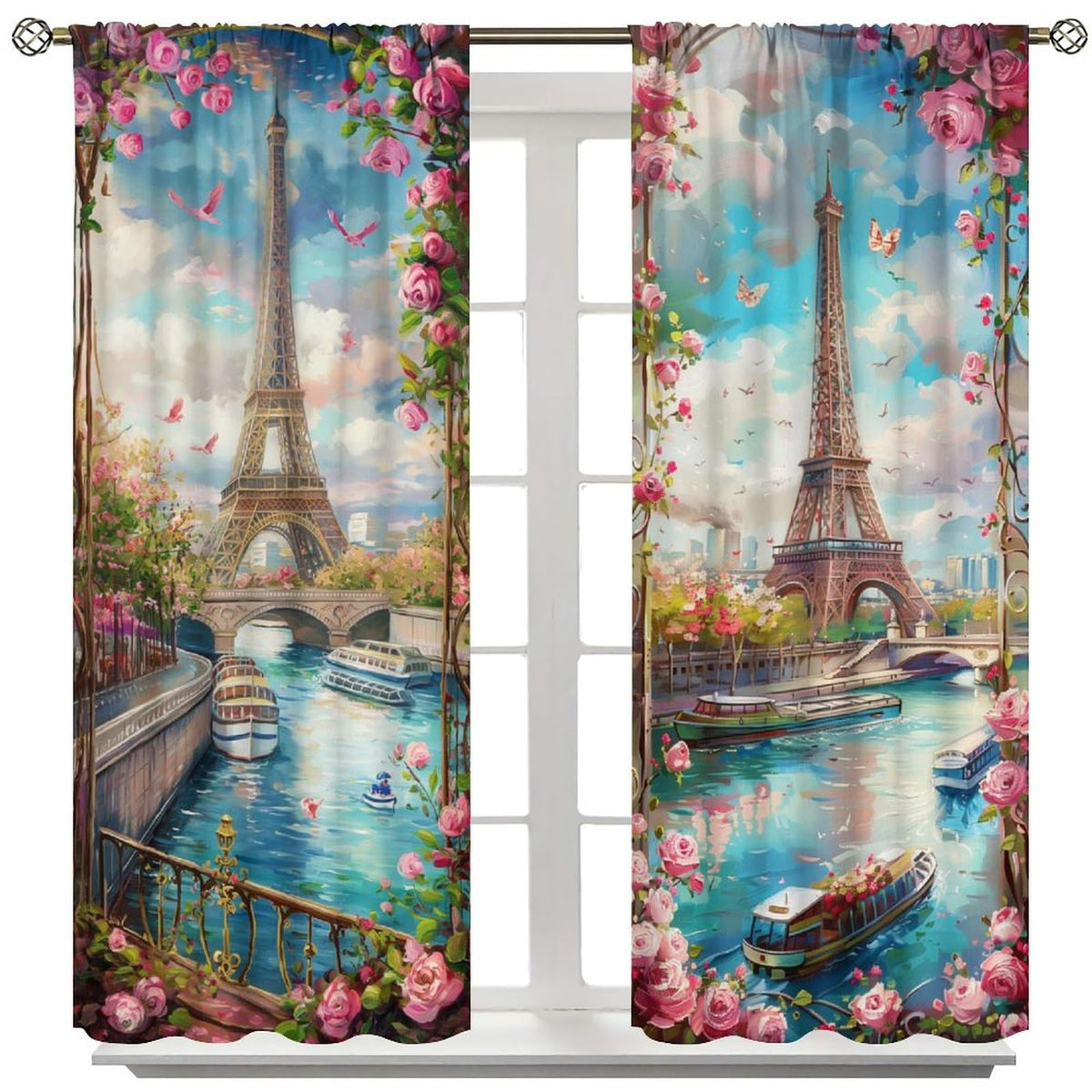 AAVEUP Eiffel Tower Curtains for Girls,Dreamy Pink Flower River Paris European Cityscape Oil Painting Window Treatments for Kids Room Women Bedroom Living Room 41x44.5in