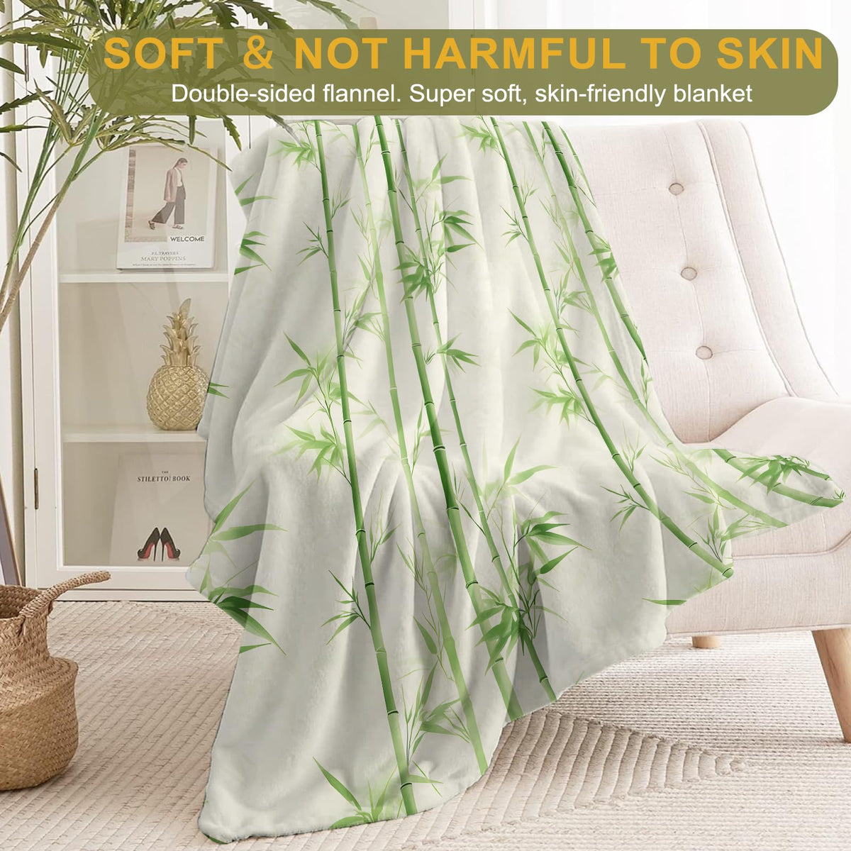 ainori Tranquil Zen Flannel Blanket - Bamboo Grove with Soothing Green Bamboo on Cream Throw - Soft Cozy Gifts Blankets for Nature Lovers, Modern Spa Room Decor,Peaceful Home Accents 50x60in