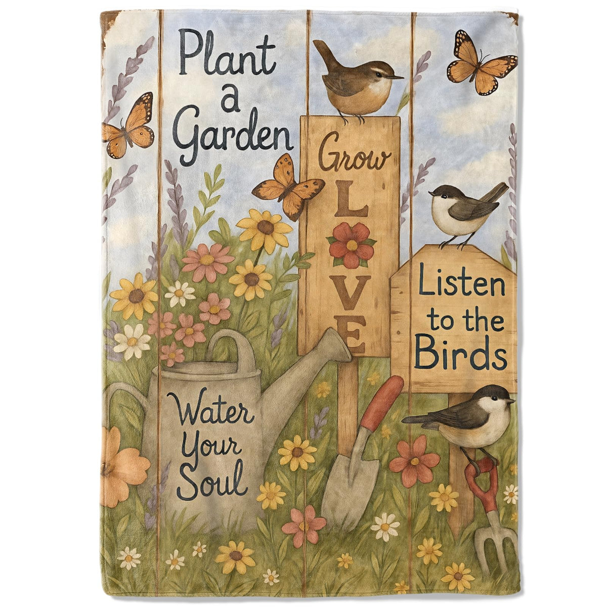 coedoaes Flower Garden Theme Fleece Blanket,50x60in,Bird Butterfly Watering Can Throw Retro Floral Blankets,Soft Cozy Lightweight, Ideal for Bed Living Room Home Nature Decor,Women Gifts