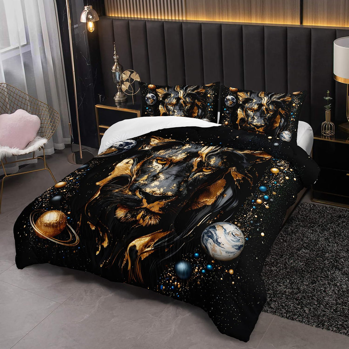 XYNHML 3D Black Golden Lion Theme Comforter 3Pcs Twin Outer Space Planet Earth Bedding Set for Kid Teen Girl Boy Adult Tropical African Wildlife Lion Quilt Bed Decor with 1 Comforter & 2 Pillowcases