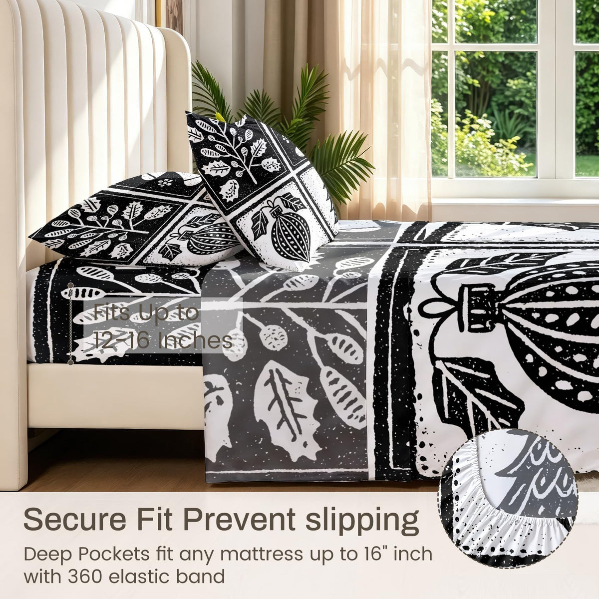 Gingerbread Man Sheet Set, 3 Pcs Twin Size Xmas Bed Sheets, Black White