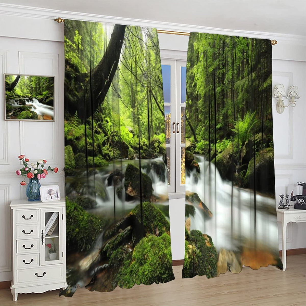 Forest Waterfall Curtains, Spring Nature Landscape Theme in Tropical Forest, Blackout Decorative Curtains for Bedroom Living Room, 2 Panel Set, 42X45 Inch