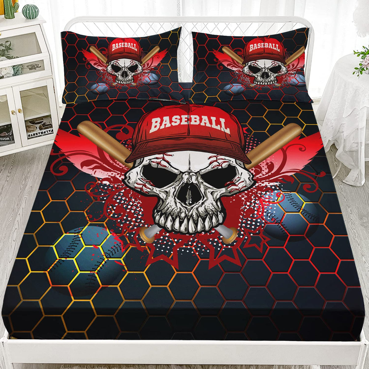 HOSIMA Black Baseball Bedding Set,Boys Cool 3D Print Designs Gothic Skull Fitted Sheet, Sports Bedspread Bedroom Collection 3Pcs with 2 Pillowcases,Cool Baseball Fitted Sheet Full Size for Boys.