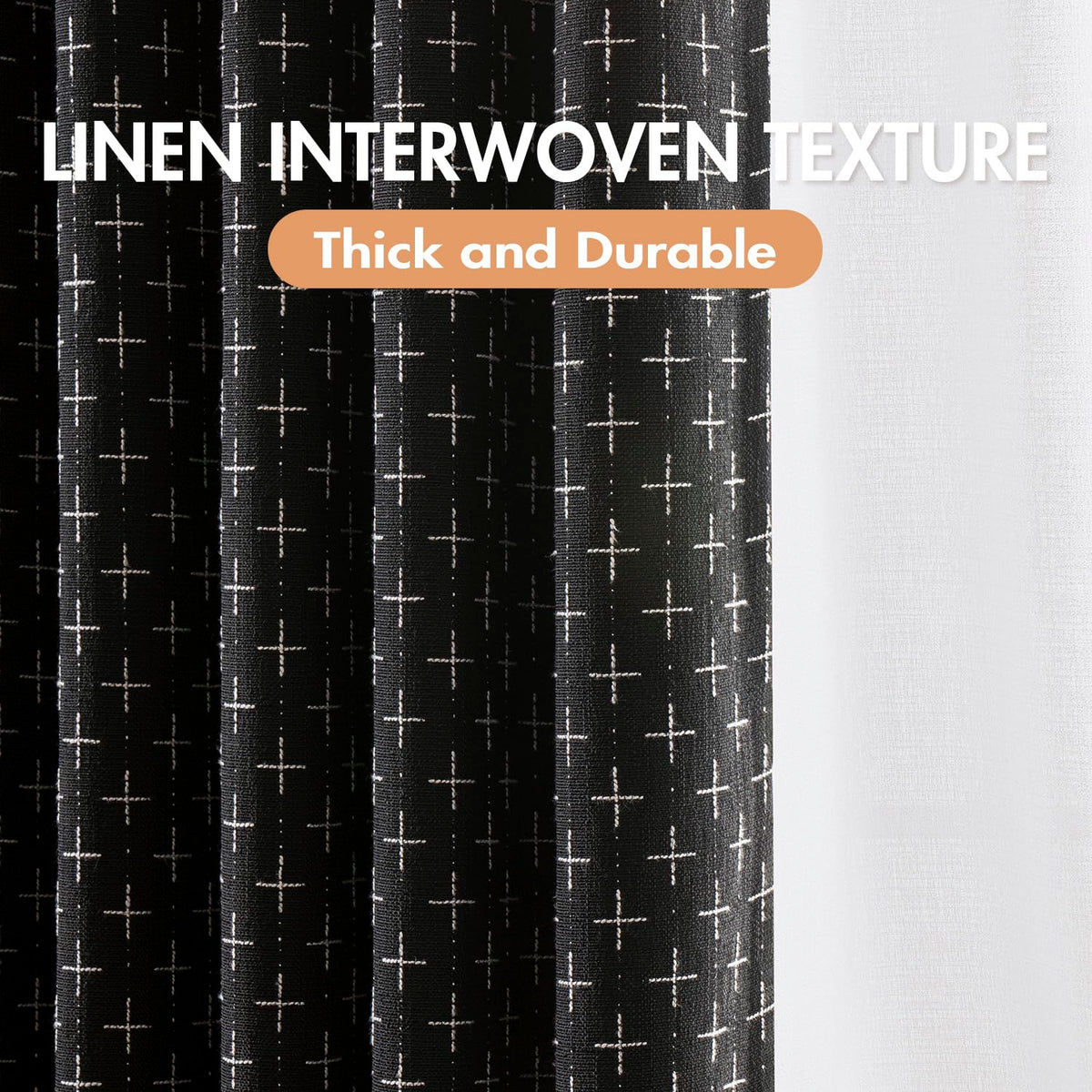MIULEE 100% Blackout Decorative Linen Curtains with Geometric Pattern, Thick Woven Farmhouse Rustic Patterned Drapes with Back Tab for Bedroom and Living Room, Black, 52 x 84 Inches, 2 Panels