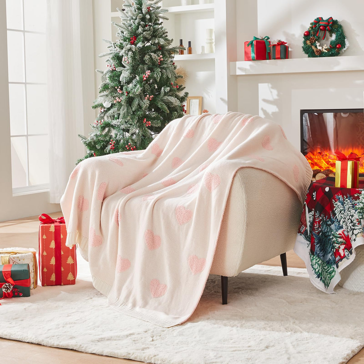 Douceur Love Heart Throw Blanket, Ultra Soft Pink Fluffy Valentine’s Day Blanket, Reversible Cozy Decorative Blanket for Bed Couch Sofa, Super Soft Indoor Living Room Plush Throws, 60"X80"
