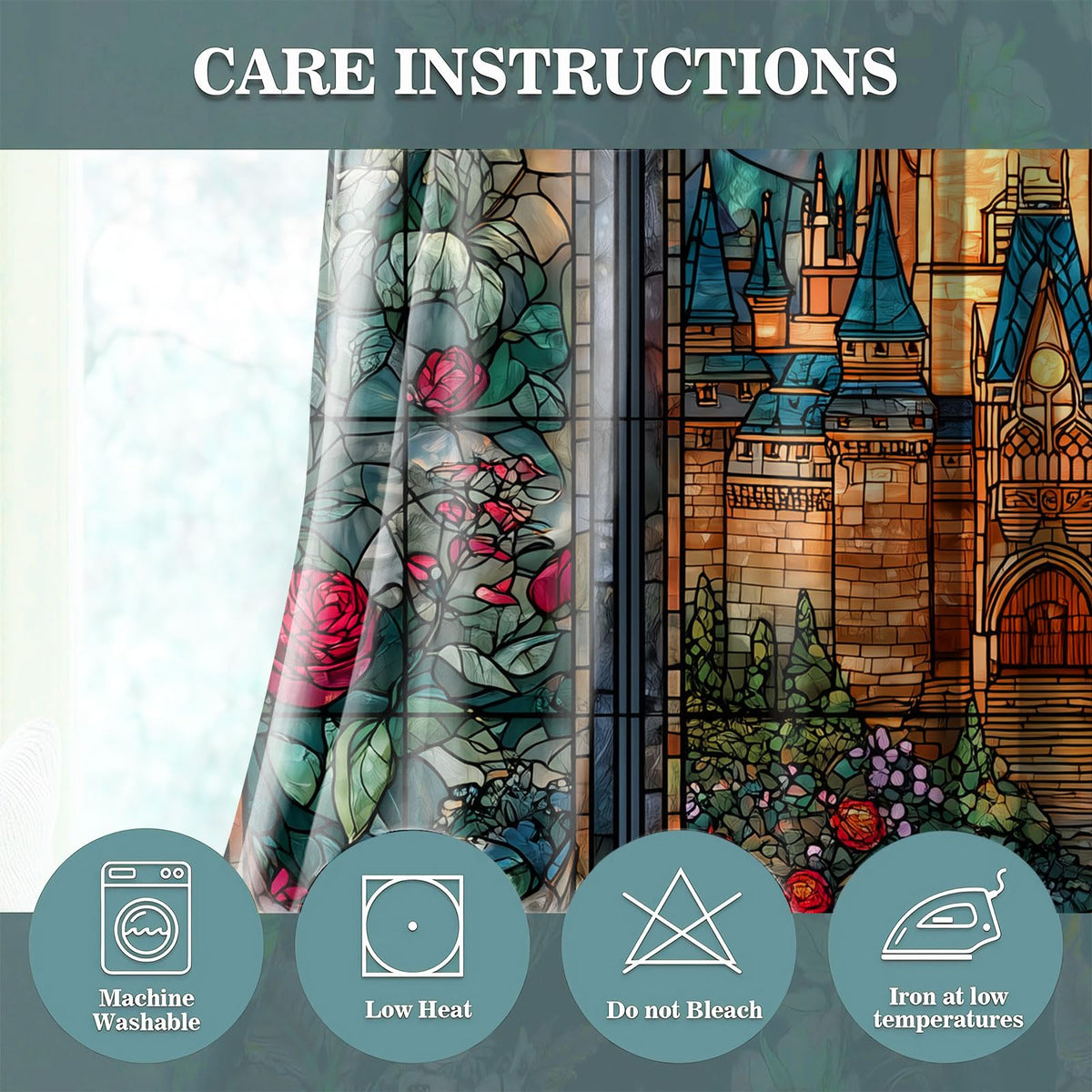 HIYSMT Retro Stained Glass Castle Curtains,4263inch Fairytale Princess Rose Blackout Curtain,Nordic Arched Window Printed Drapes for Girls Women Bedrooms Living Room 2Panels HILC039