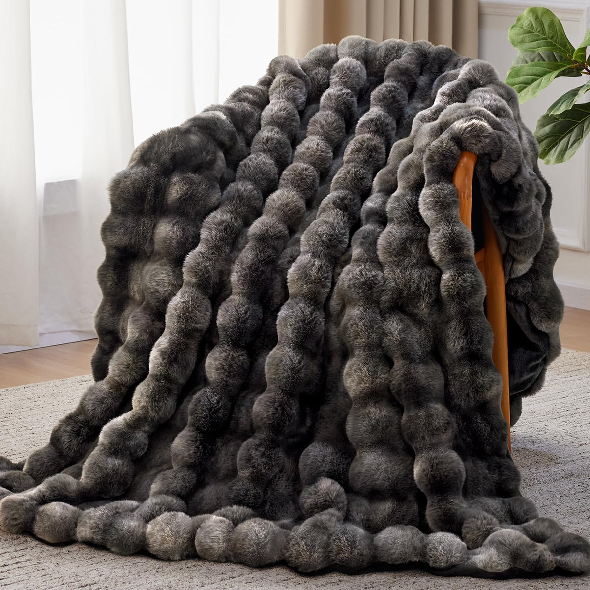 Anysay Faux Fur Throw Blanket, 1000GSM Fluffy Soft Bubble Blanket for Couch Bed, Cozy Plush Warm and Thick Blanket, Fuzzy Rabbit Throw for Living Room Bedroom 50''*60'' Tie-dye Grey