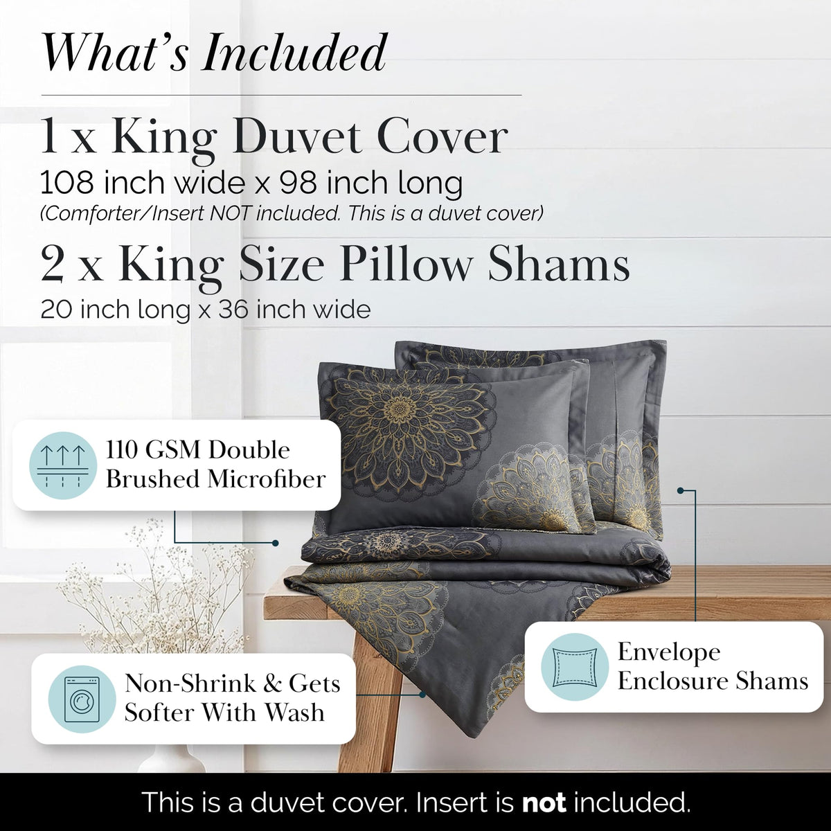 Southshore Fine Living, Inc. Oversized Floral Duvet Cover King Size/California, Reversible Cal King Duvet Cover Set, Pet Hair Resistant Bedding, 2 Pillow Shams, Insert Not Included - Midnight Black