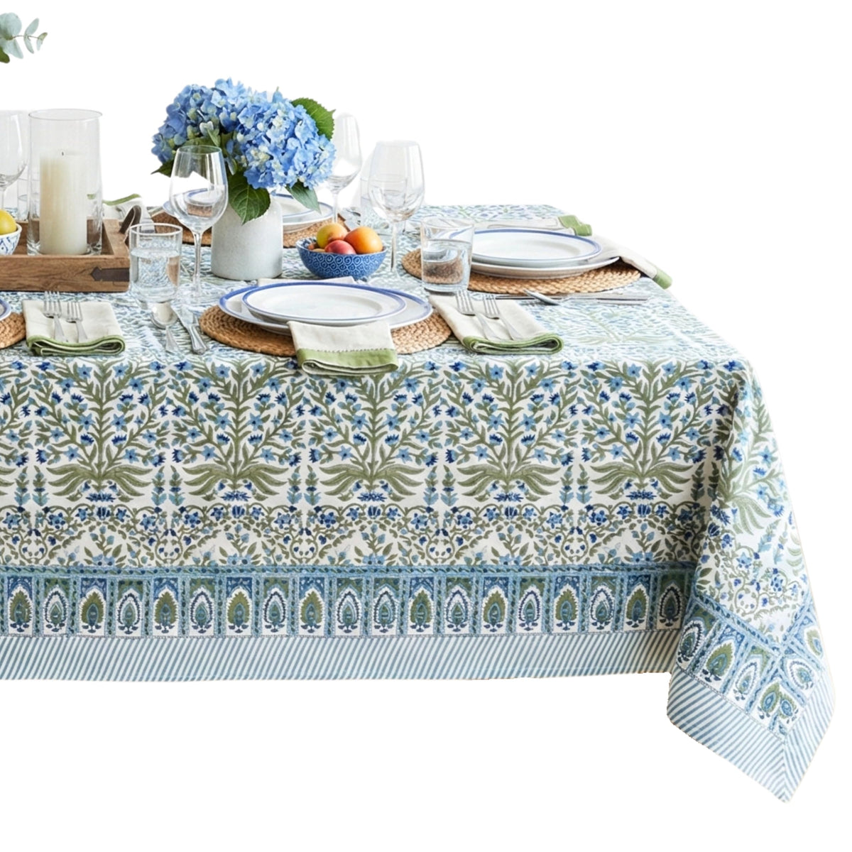 ATOSII Nargis Blue 100% Cotton Rectangle Summer Tablecloth, Indian Block Print Floral Table Cloth I Dining Parties Weddings Outdoors Holidays 60 X 90 Inches 6 Seater I Grandmillennial Farmhouse Boho