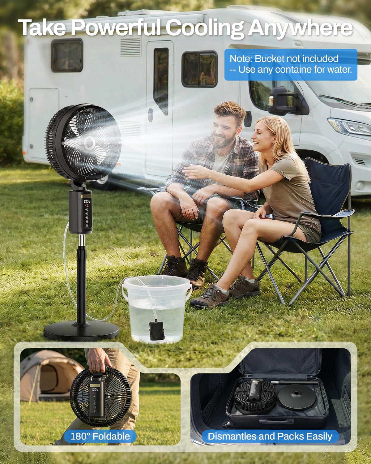 Outdoor Misting Fan with Water Pump, 30000mAh 12-Inch Outside Water Cooling Mister Fan for Patios Bedroom, Portable Standing Oscillating Fan with Mist System, Pedestal Fans with Remote/Spray/Timer