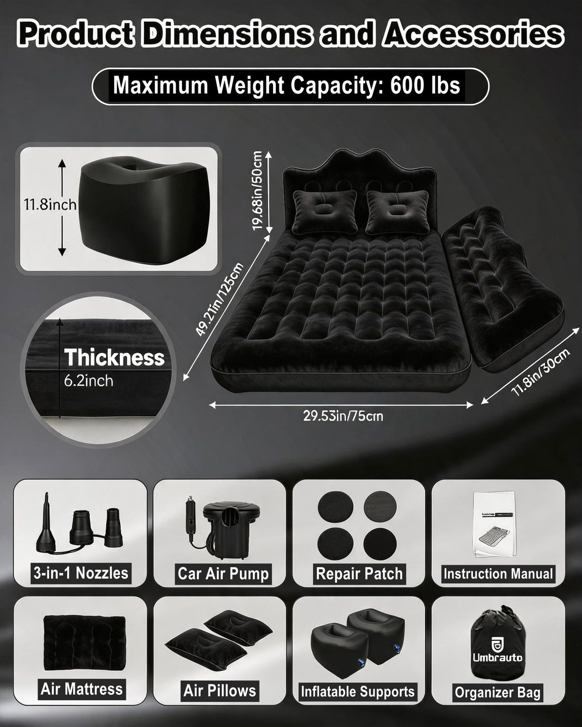 Umbrauto Car Air Mattress Backseat| Inflatable Truck Back Seat Camping Airbed for SUV Rear Seat, Blow Up Sleeping Travel Bed for Van Trunk with Pump & Pillows