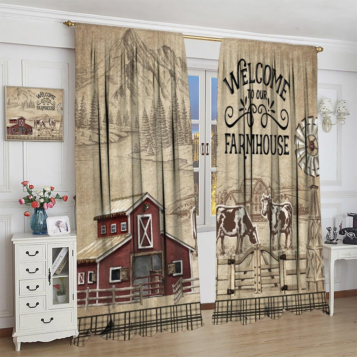 VUMIVI Farm Curtains Cows Windmill Fence Forest River Mountains Rustic Natural Landscape Rod Pocket Window Treatments for Bedroom Kitchen Living Dining Apartment Dorms Cafe 42" W X 44.5" L