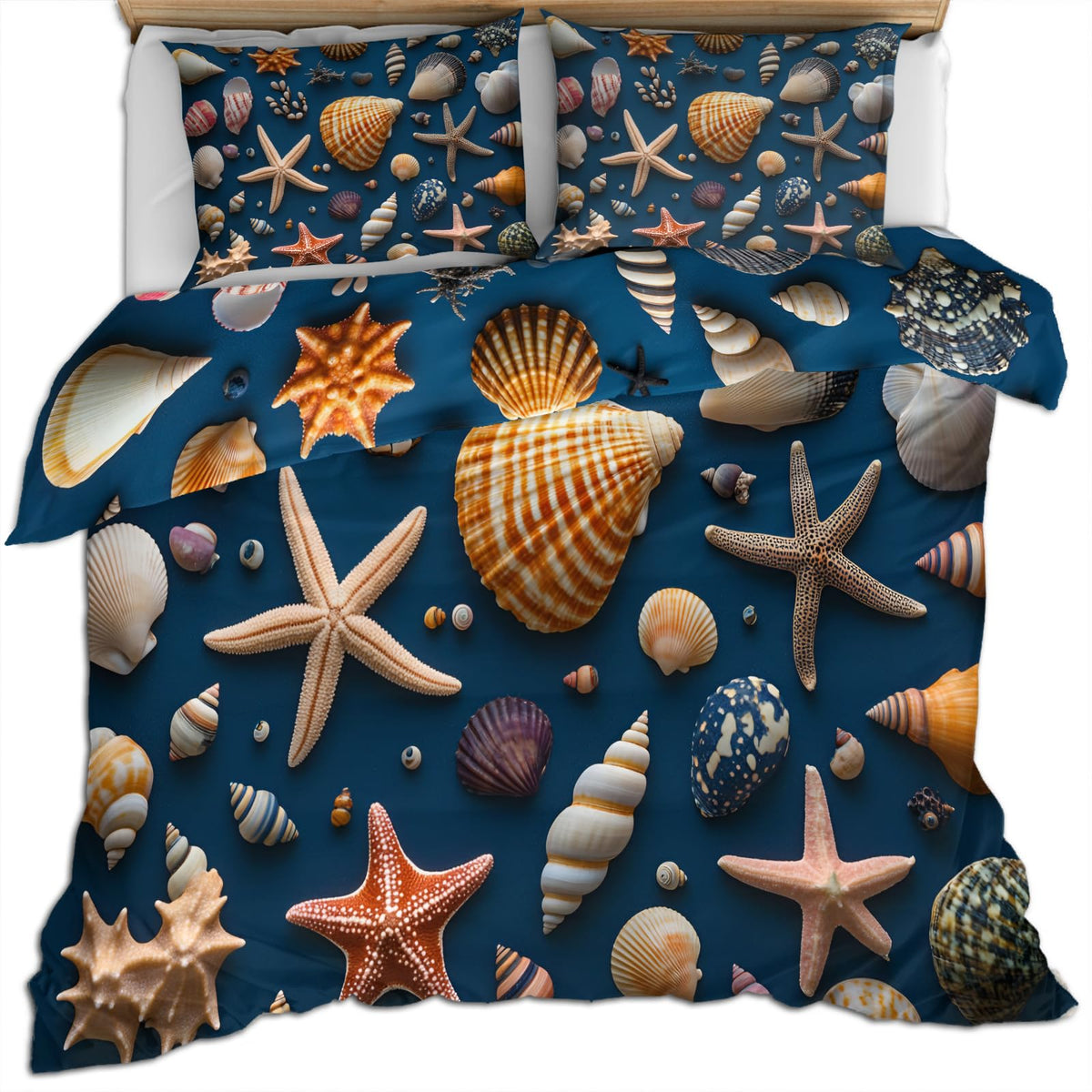 PAISUOQ Ocean Duvet Cover King, Deep Ocean Blue Comforter Cover with Zipper Ties, Shells & Starfish Bedding Set, 3 Pieces with 2 Pillow Cases, Home Decor & Gifts