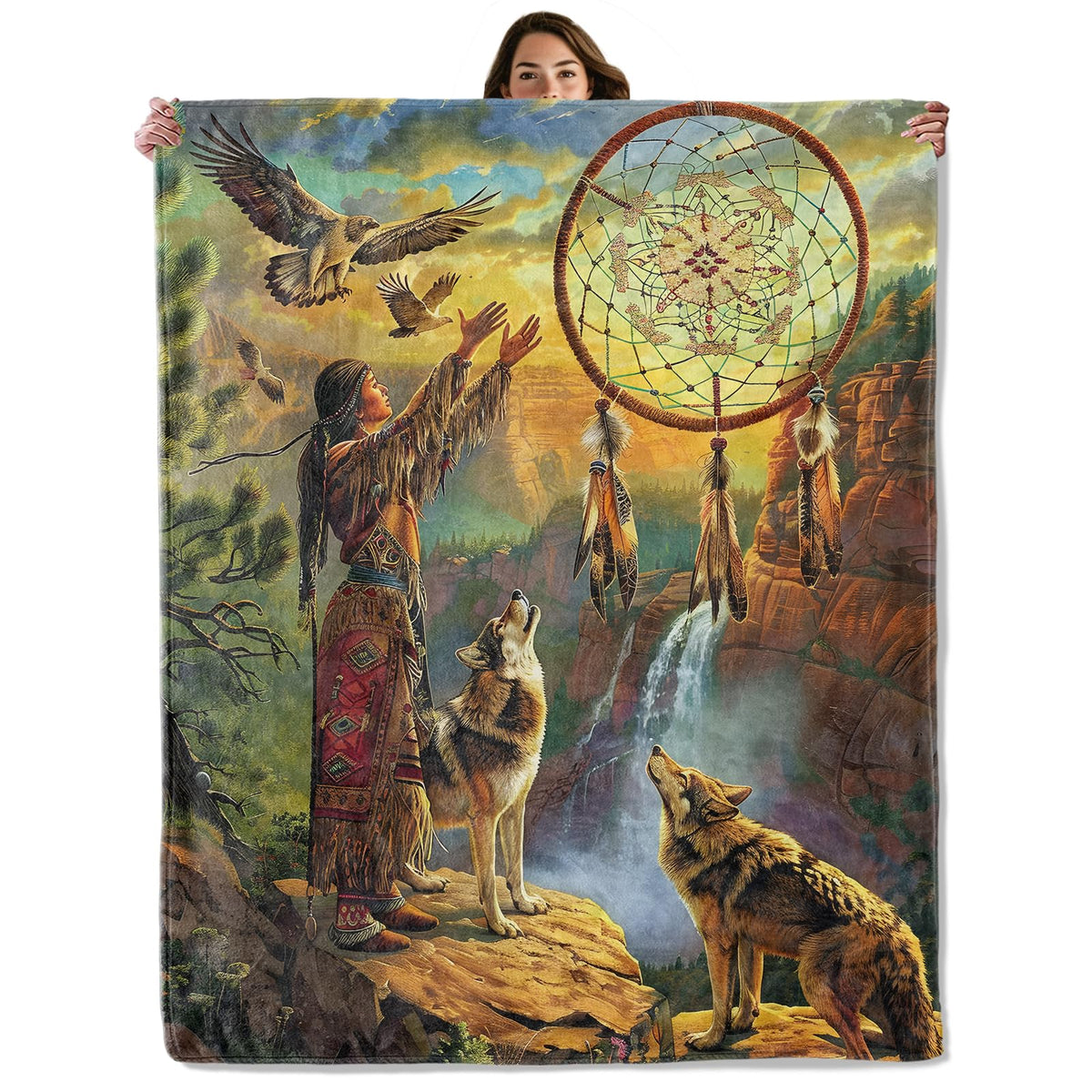 Native American Dreamcatcher Throw Blanket for Boys Girls Kids Adults Women, Fuzzy Warm Soft Cozy Flannel Blankets Gifts for Bedroom, Couch, Travel, Home Decor 50x60 in