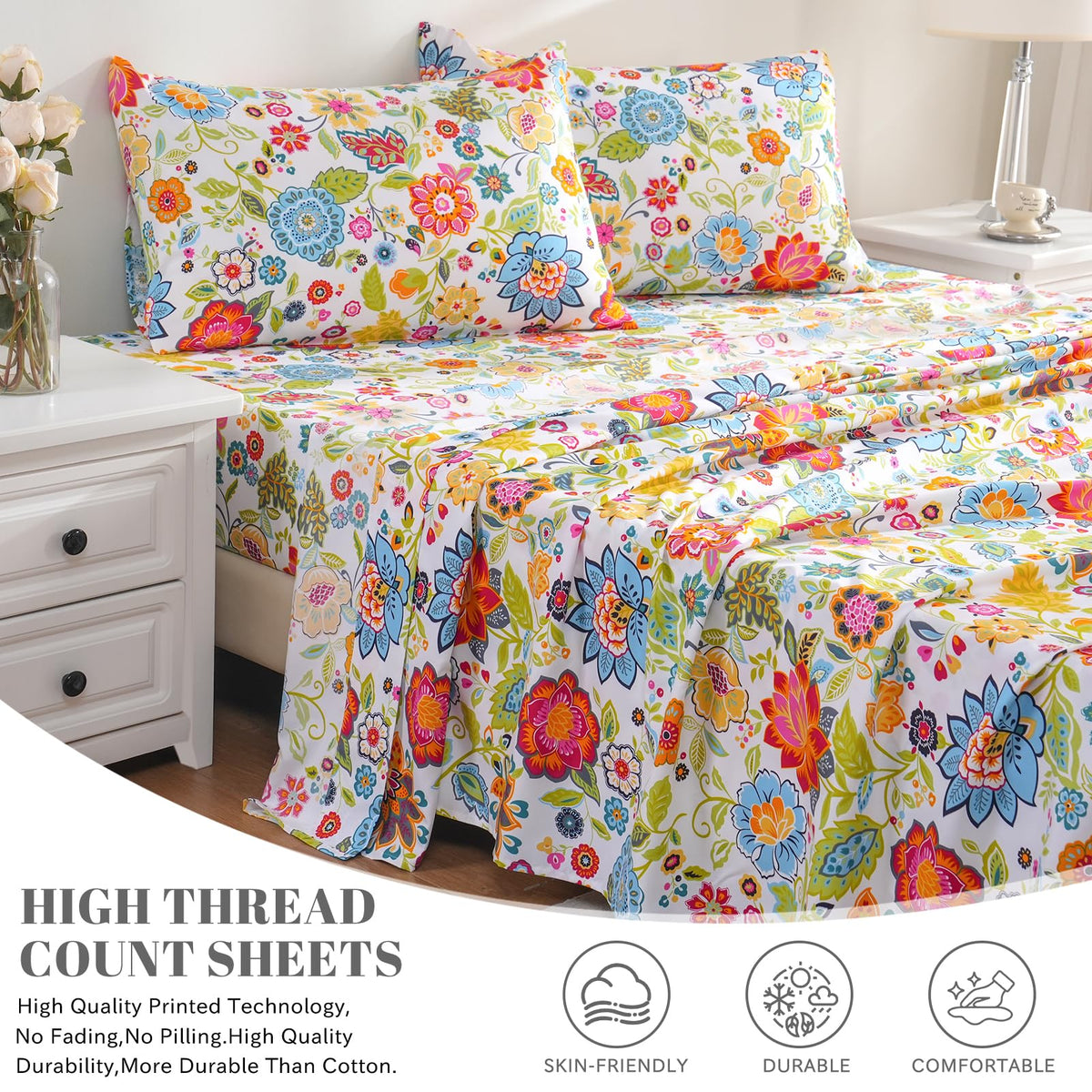 Bedlifes King Sheet Set Ultra Soft, Breathable, Silky Flower Deep Pocket 100% Microfiber Bedding, 4 Piece King Size with Floral Spring Design
