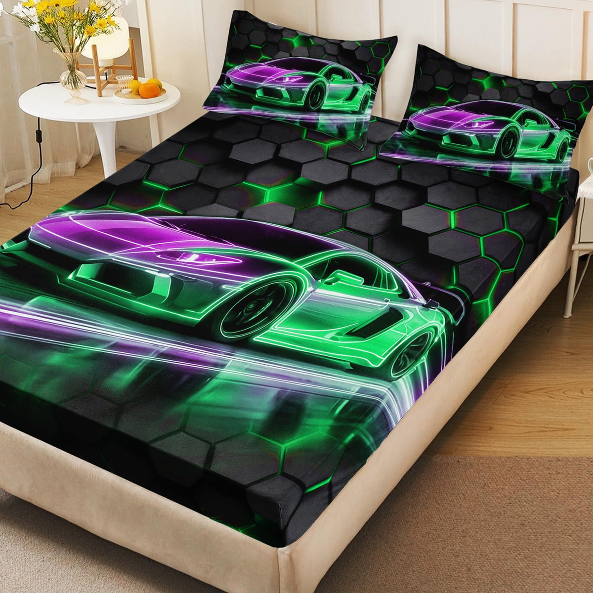 HOSIMA Kids Race Car Twin Fitted Sheet,Hexagon Geometric Honeycomb Pattern Cool Extreme Sports Gaming Bedding for Boys Men Car Room Decor,1 Fitted Sheet+2 Pillowcases.