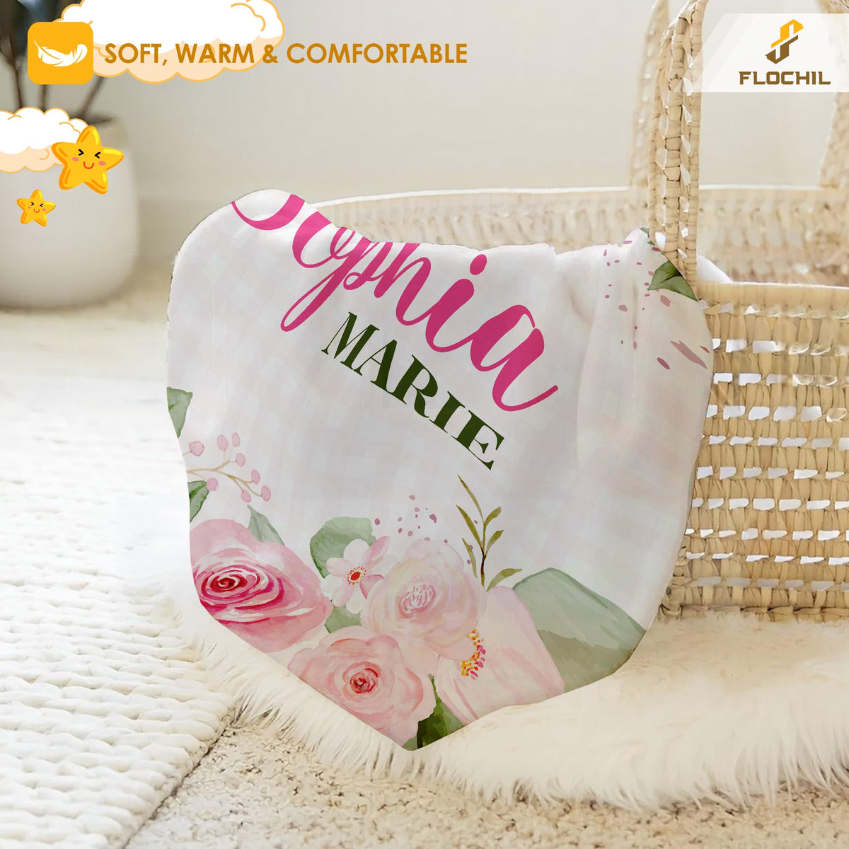 FLOCHIL Personalized Baby Blanket for Girls, Custom Baby Blanket with Name, Customized Floral Baby Blanket, Gift for Baby Shower, Toddler, Babies, Newborn