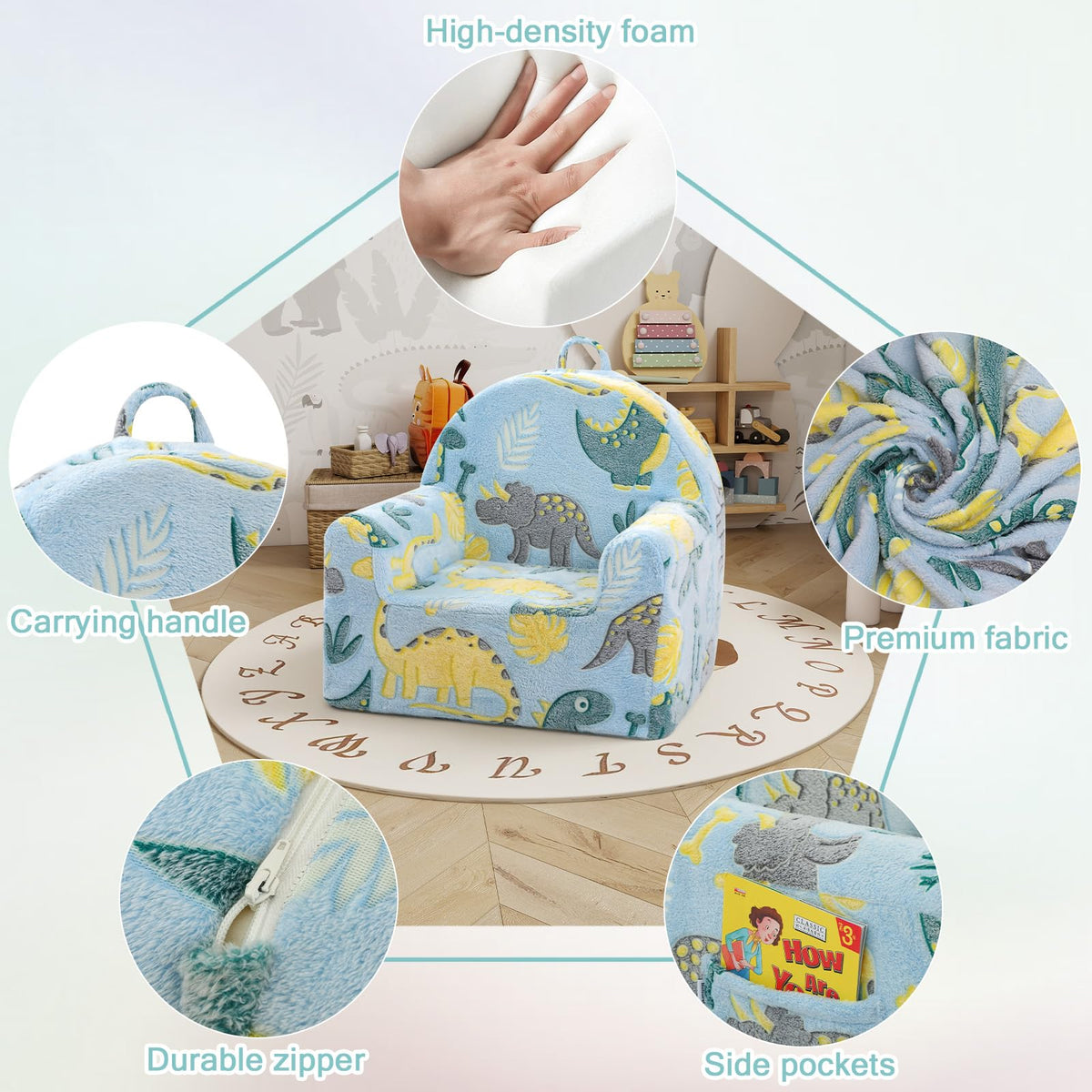 MeMoreCool Comfy Kids Chair for Ages 3+, Glow Dinosaur Kids Reading Chair, Soft Plush Kids Armchair, Cozy Foam Kids Armchair for Kids Room, Living Room, Playroom, Reading Nook