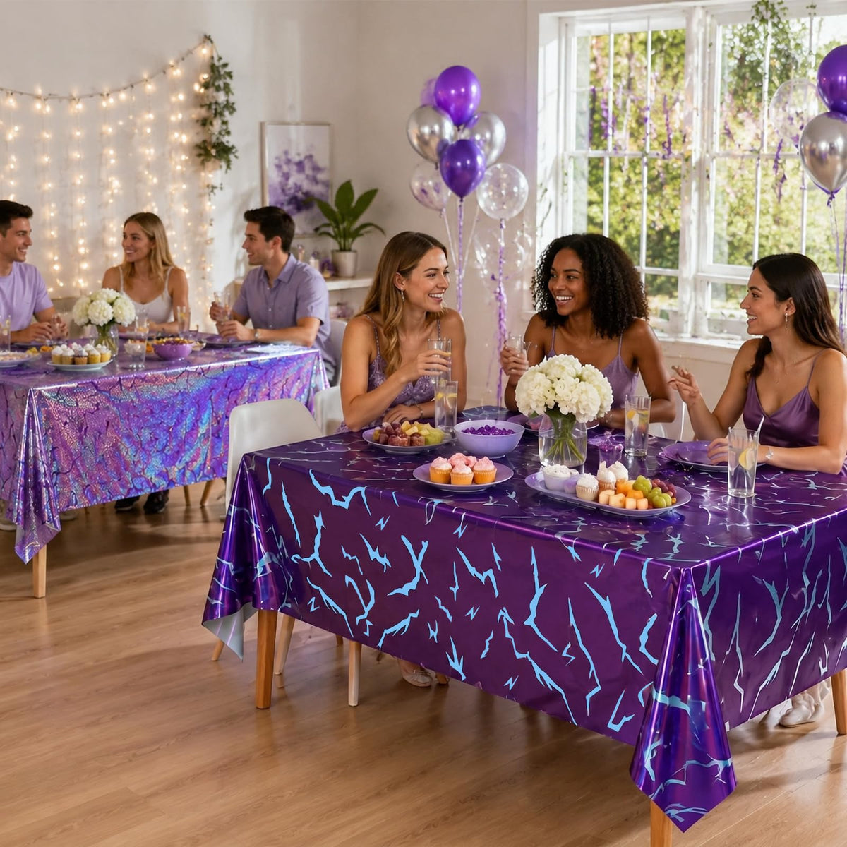 2 Pack K-Style Purple Birthday Decorations, 54x108 Inch Iridescent Holographic Laser Tablecloth Purple Lightning Pattern Disposable Waterproof Plastic Table Covers for Kids Girl Disco Halloween Party