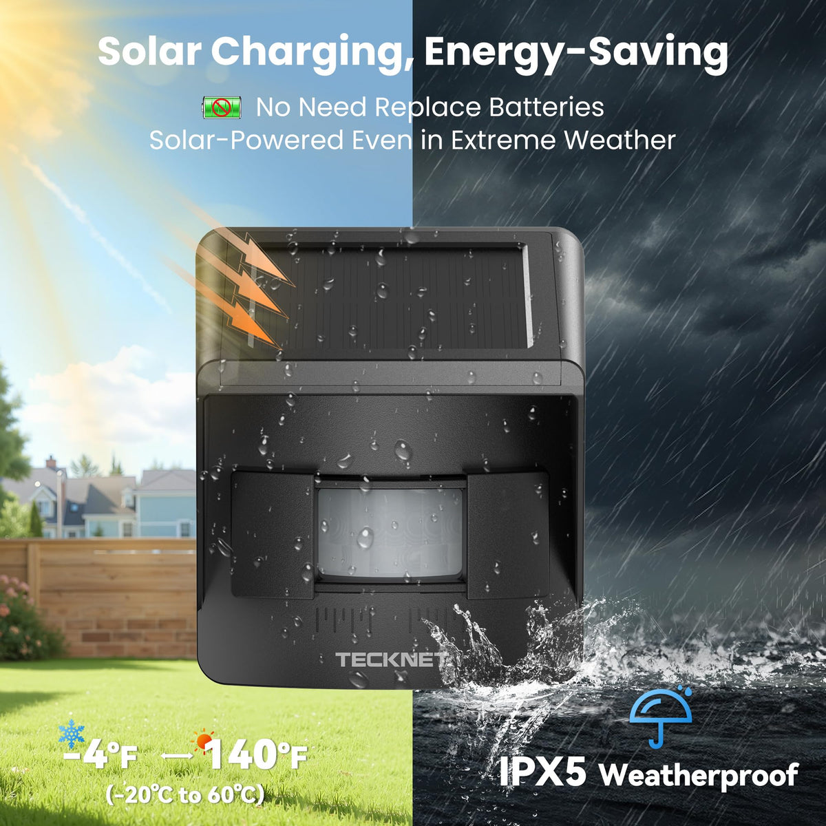 TECKNET Solar Wireless Driveway Alarm with 2600FT Long Range & 36 Melodies & 5 Volumes and Supports 4 Zones Weatherproof Motion Sensor Alarm to Protect Inside/Outside Property (1 Receiver 4 Sensor)