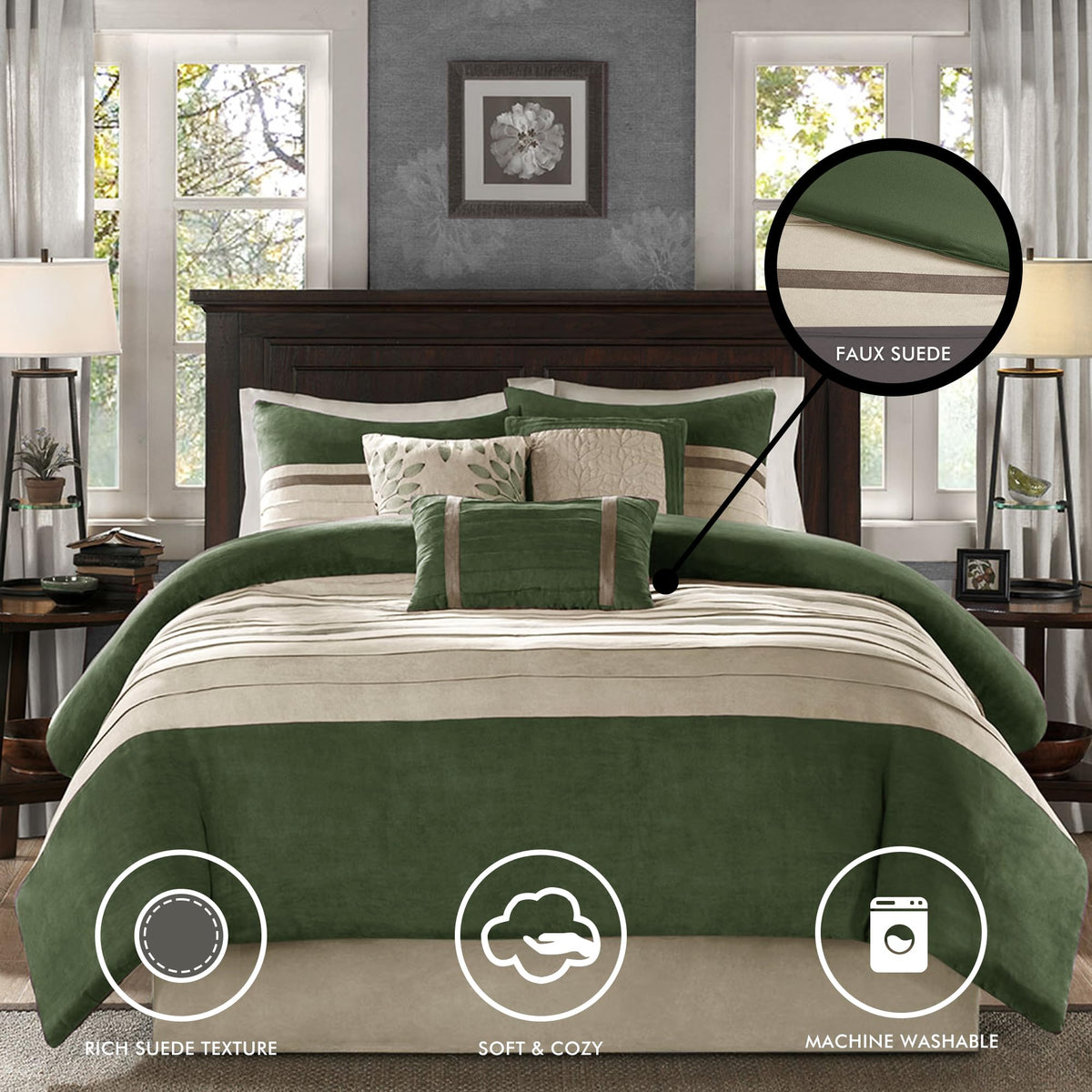 Madison Park Palmer Comforter Set-Luxury Faux Suede Design, Striped Accent, All Season Down Alternative Bedding, Matching Shams, Decorative Pillow, Bed Skirt, King (104 in x 92 in), Green 7 Piece