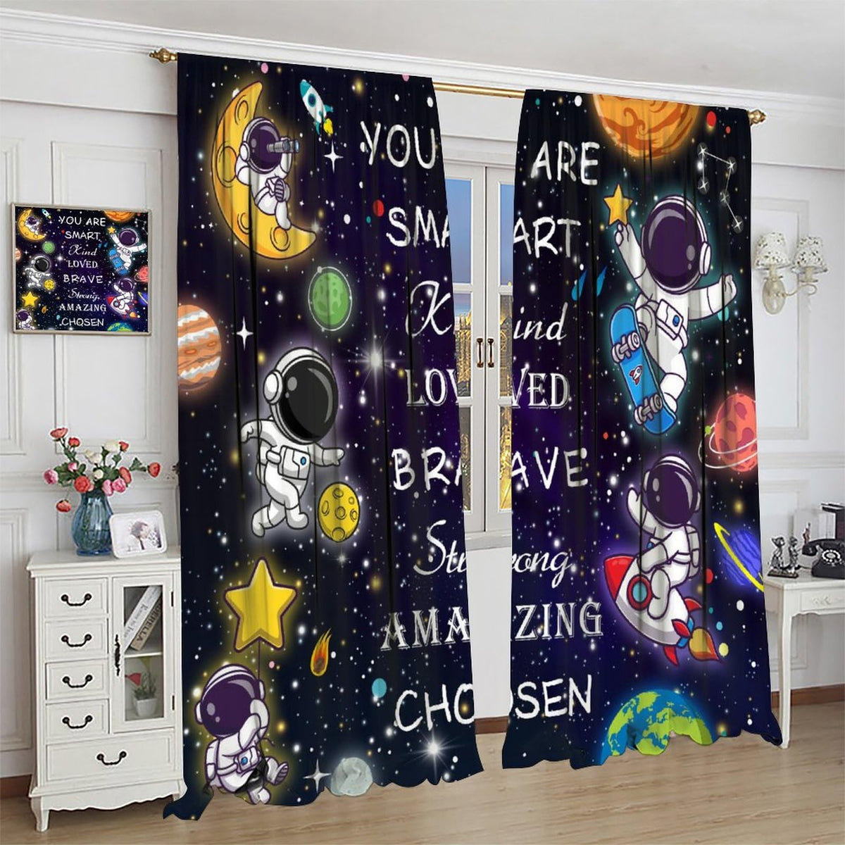 AAVEUP Space Astronaut Blackout Curtains for Kids,Cartoon Universe Galaxy Space Planet Astronaut Inspirational Quotes Learning Window Treatments for Boys Nursery Bedroom Living Room 63x72in