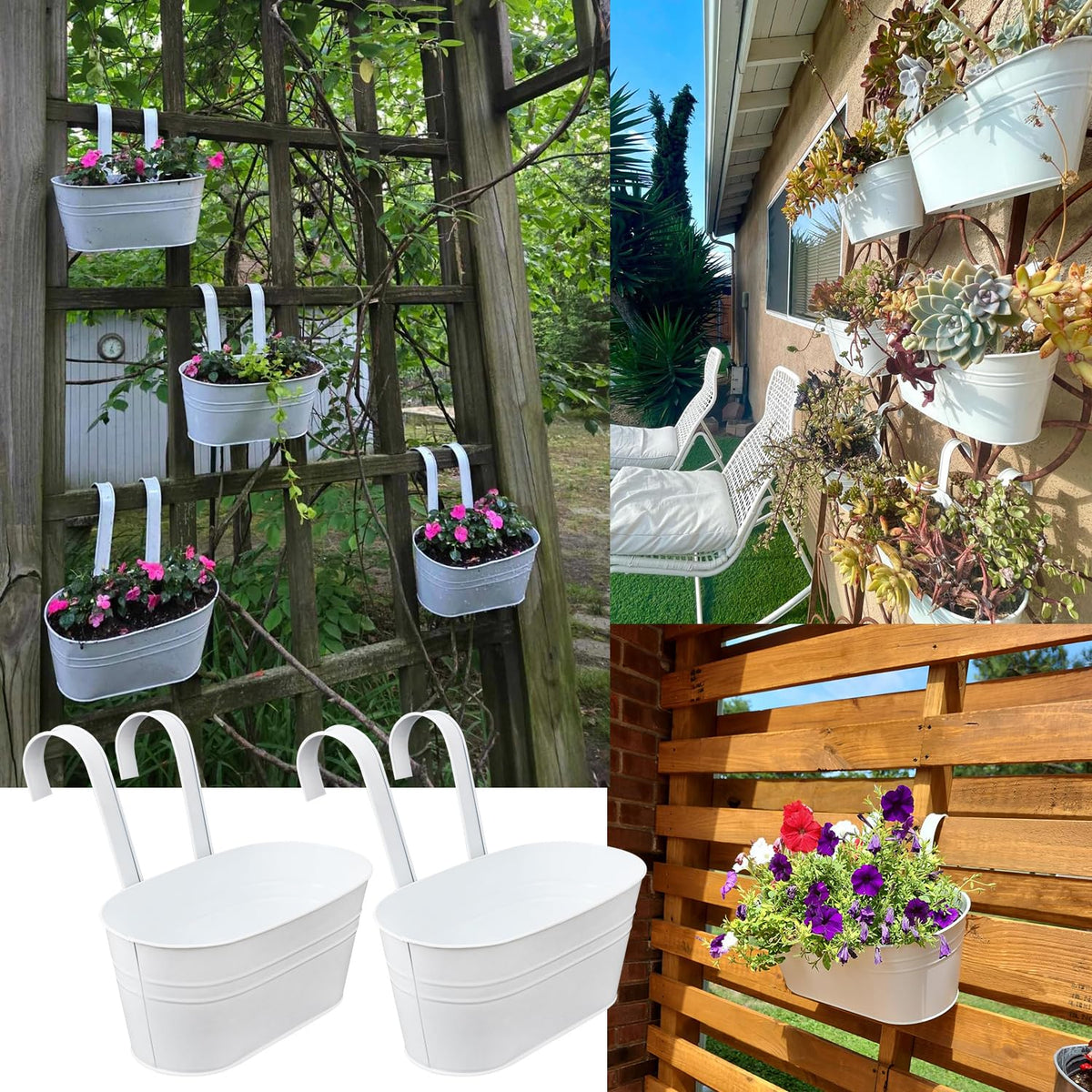 Biugaaufai 6 Pack Metal Railing Planter for Outdoor Plants, White Iron Railing Planters, Metal Window Hanging Flower Pots for Balcony, Fence, and Patio Railings, Garden Decor with Drainage Holes