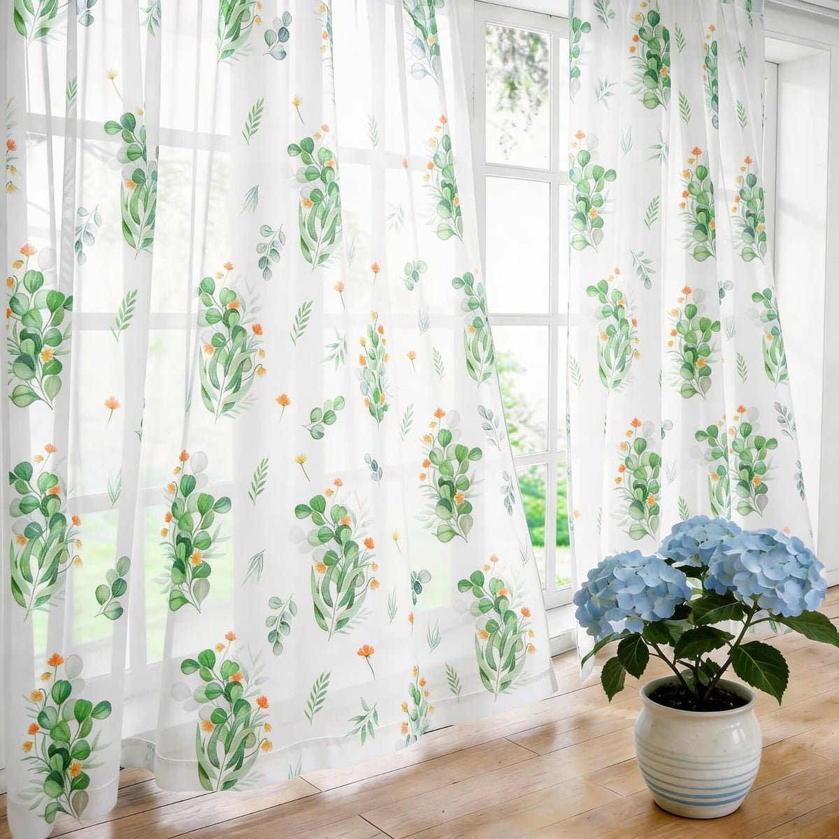 youleyar Floral Sheer Curtains for Living Room 84 Inches Long 2 Panels White Semi-Sheer Curtain with Green Floral Printed Pattern Summer/Spring Rod Pocket Voile Drapes for Bedroom, 52" W x 84" L