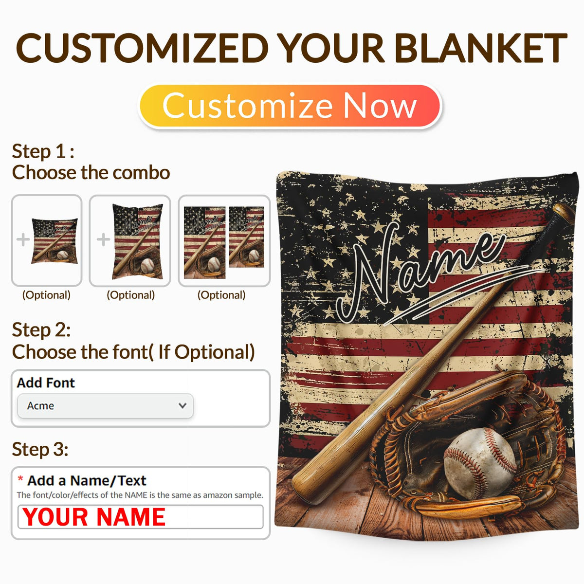 PAKKITOP Baseball Blanket, Personalized Boys Throw Blanket for Baseball Lovers Team Players, Custom Retro 40x50 Inches Blanket Gift for Son Nephew on Chair Sofa Couch Bed Decor