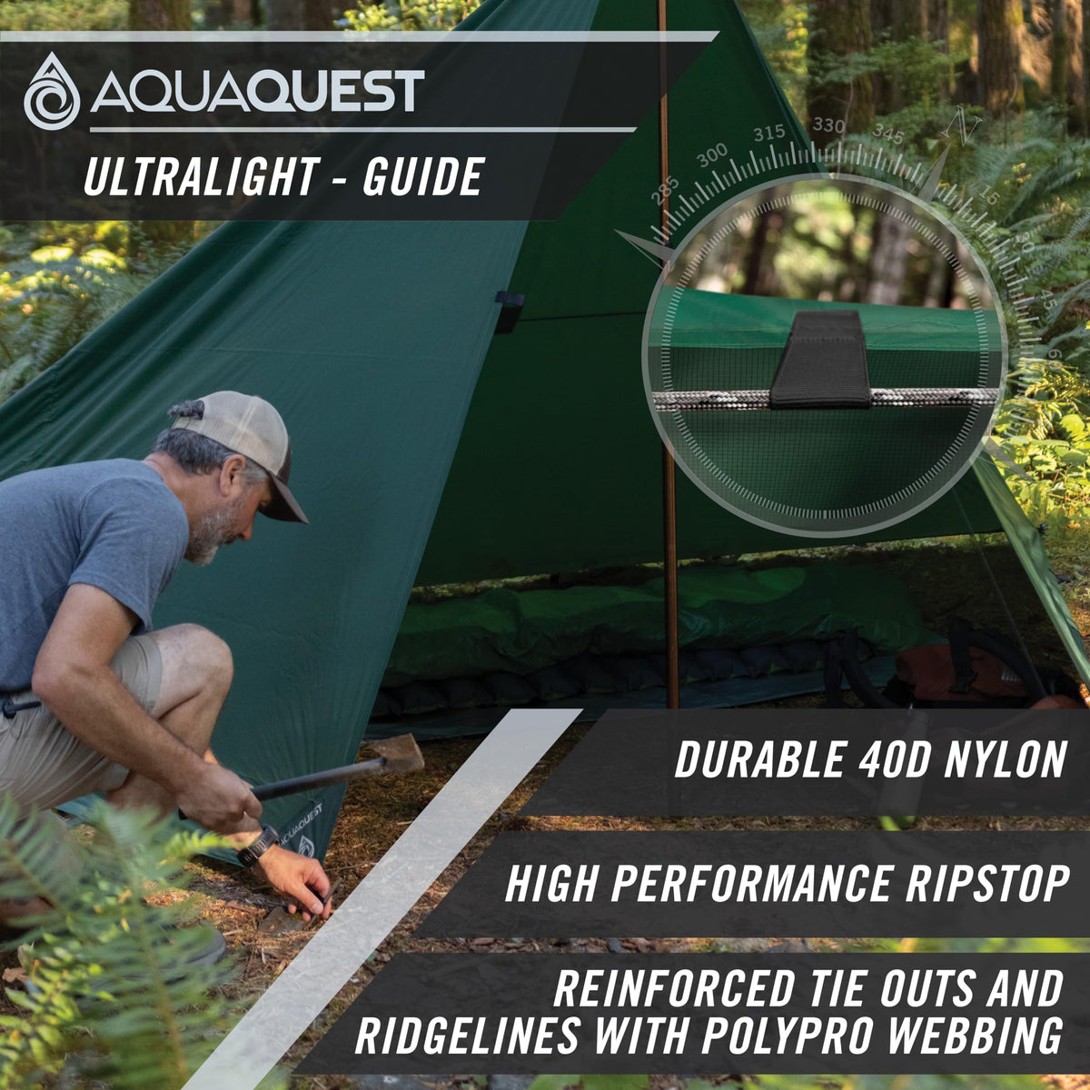 AquaQuest Guide Tarp – Ultralight Waterproof (5,000 mm) Seam‑Taped 40D Ripstop Rain Fly for Backpacking, Stealth Camping & Thru‑Hiking – 13×10 Olive Drab