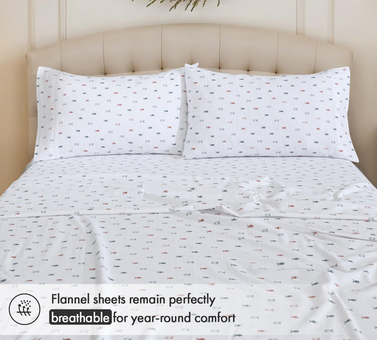 RUVANTI Flannel Sheets Queen Size - 100% Cotton Double Brushed Bed Sheets, Deep Pockets 16 Inches Queen Sheet Set, All Seasons Breathable & Extra Soft - Warm & Cozy, 4 Piece, Little Swimmers
