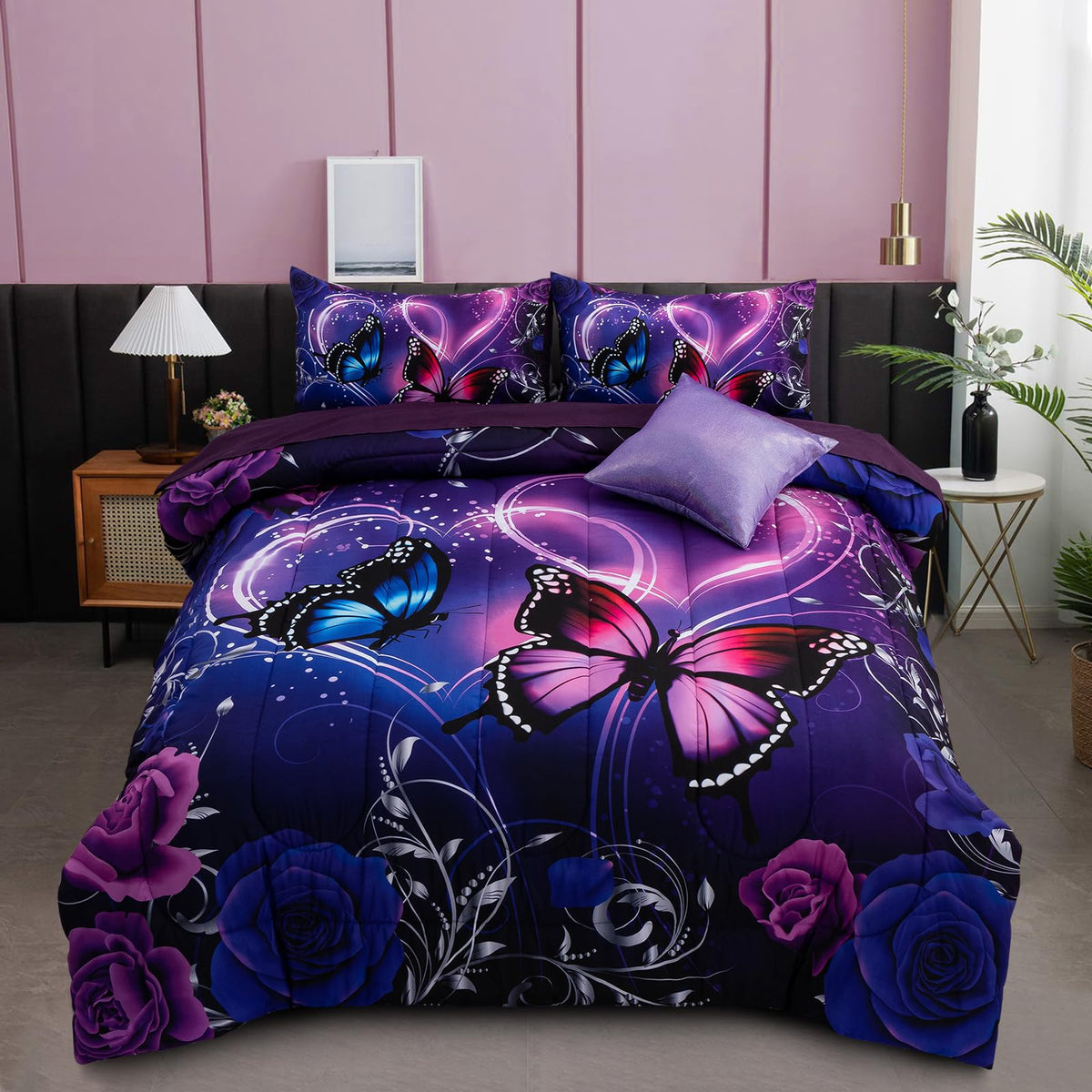A Nice Night Galaxy 6pcs Bed in a Bag Purple and Blue Dreamy 3D Butterfly Printed, Butterflies Bedding Full Comforter Set, for Girls Kids Teens