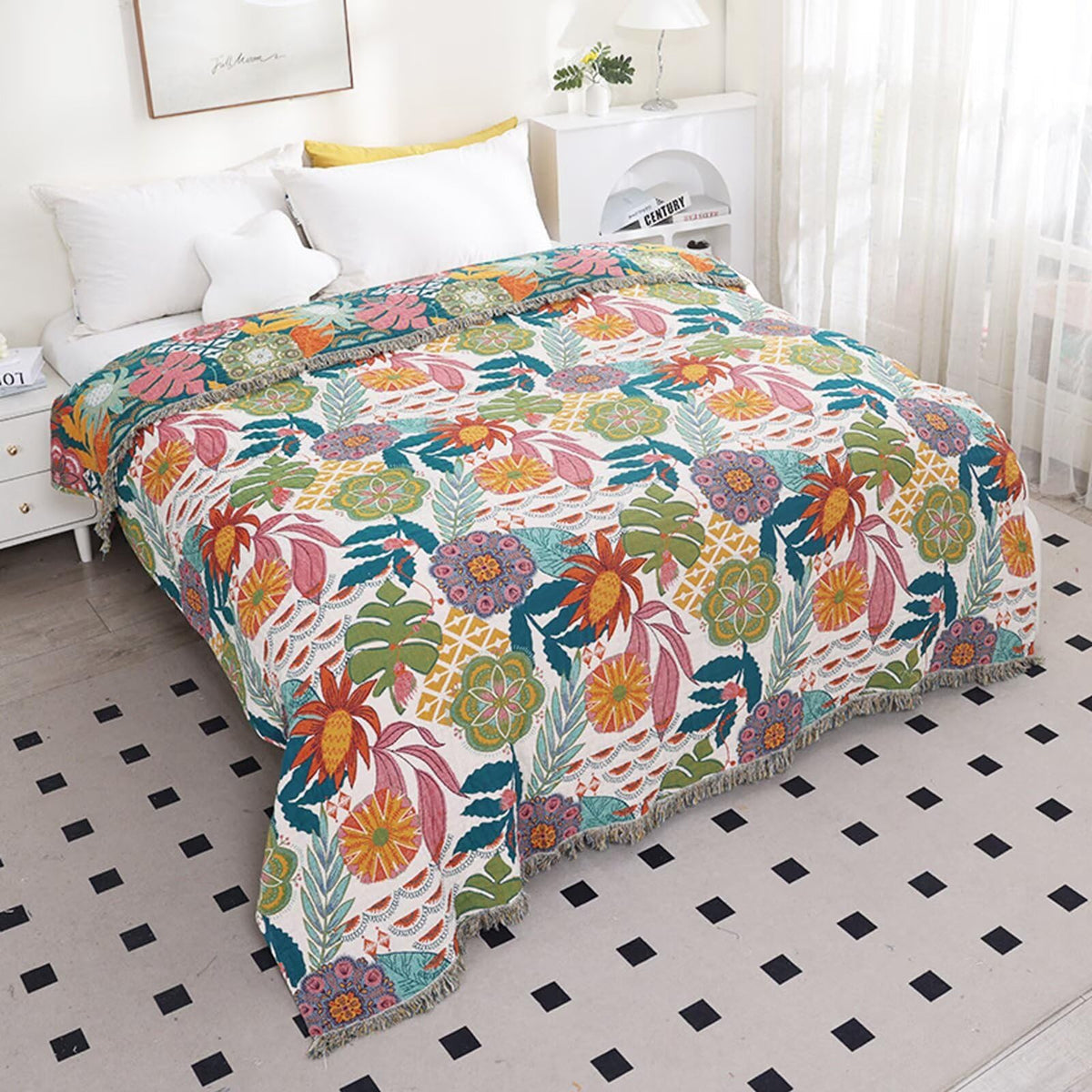 BRYALIX 100% Cotton Floral Throw Blanket, Muslin Lightweight Super Soft Quilt, All Season Decorative Reversible Jacquard Bedding with Fringe, Boho Tropical Floral Farmhouse Blanket, 60"x80"