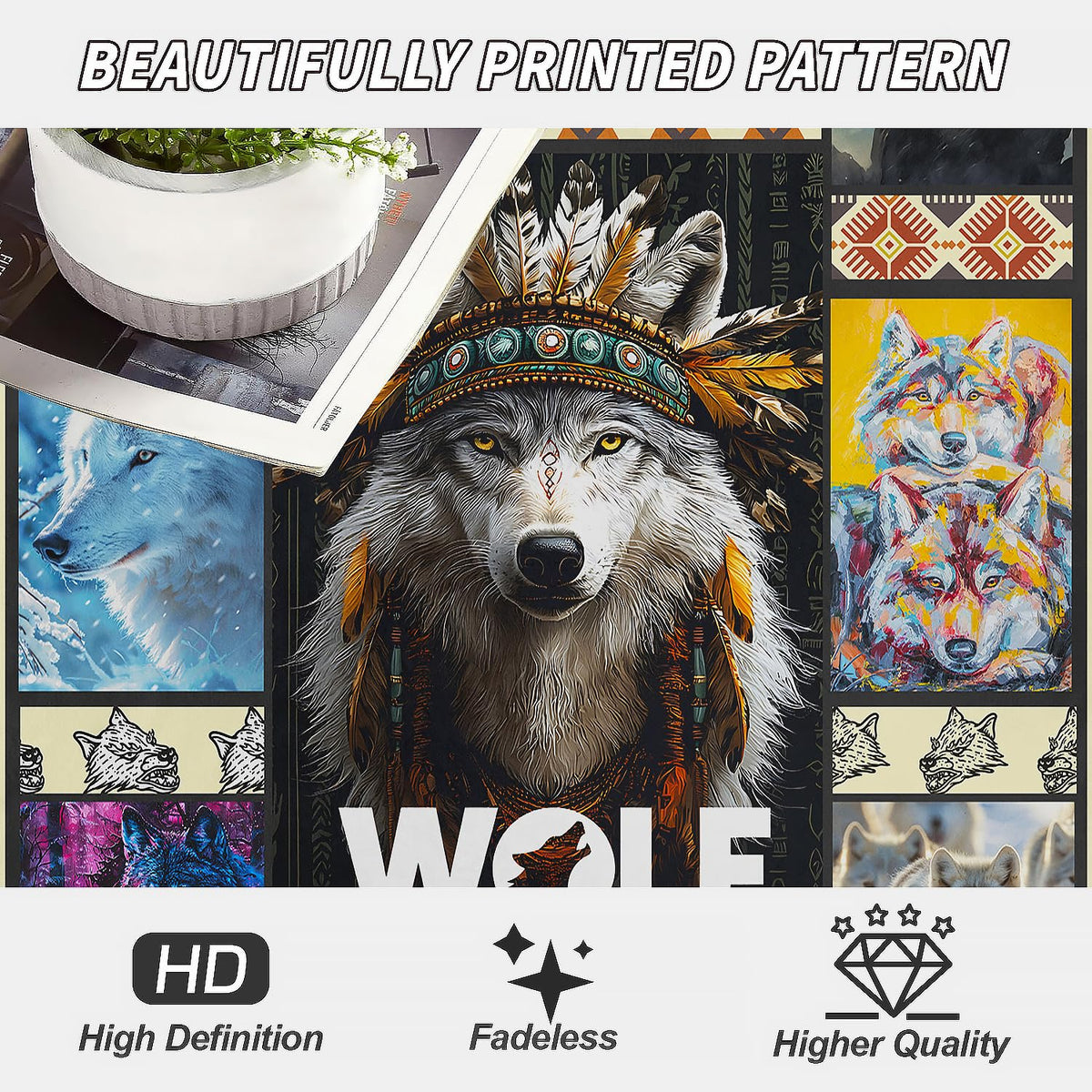 XSMEI Wolf Throw Blanket, Wild Animal Tribal Design, Soft Cozy Fleece Blanket for Couch Bed, 60 x 80 Inches
