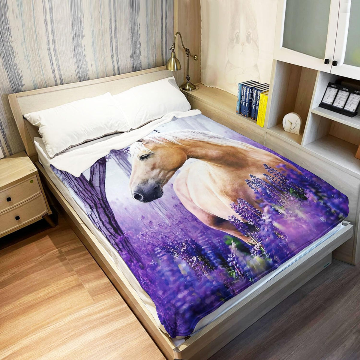HommomH 60"x80" Palomino Horse Blanket with Purple Lavender, Super Soft Fleece Throw Blankets for Girls Women