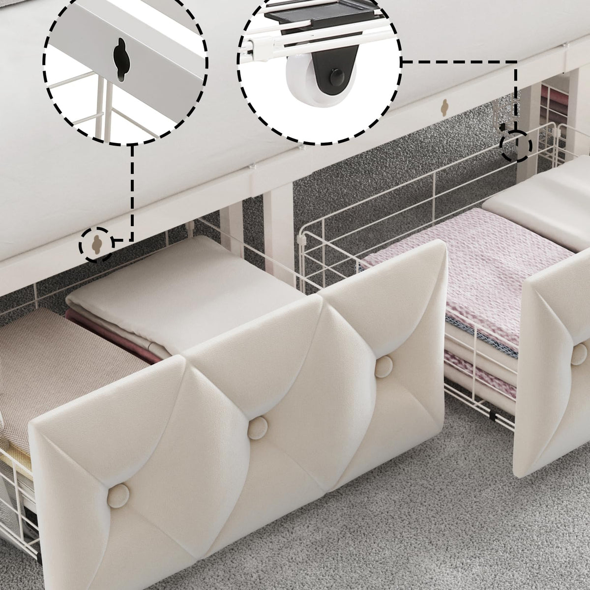 Keyluv Full Upholstered Canopy Bed Frame with 2 Storage Drawers & Button Tufted Headboard, Metal Platform Bed with 4 Removable Posts, Two-Purpose Velvet Bed, Beige/Curtain Not Included