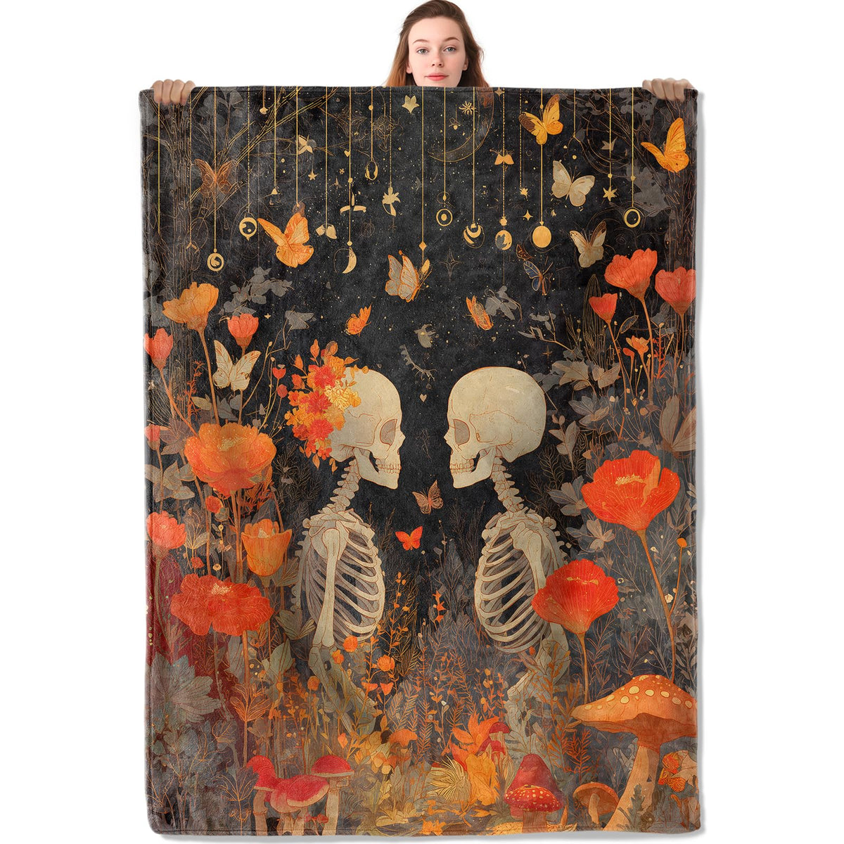 YCUFN Gothic Romantic Skull Flannel Blanket Skeleton and Flower Design Warm Lightweight Throw Blankets for Sofa Picnic Travel and Gathering Decorate All Season Use 50x60in