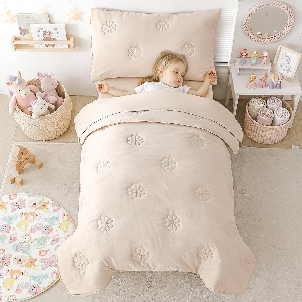 DreLunis 4-Piece Toddler Bedding Sets for Girls Boys, Soft Microfiber Floral Embroidery Toddler Bed Comforter Bed-in-a-Bag Includes Comforter, Flat Sheet, Fitted Sheet, Envelope Pillowcase, Beige
