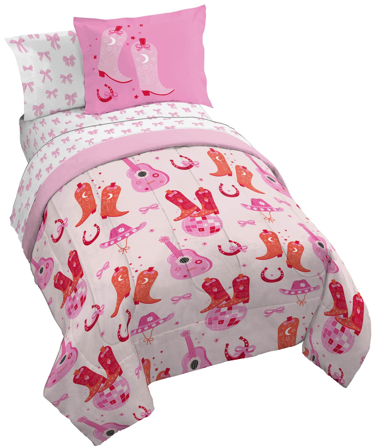 Jay Franco Kids Bed Set, Pink, Cowgirl Boots & Bows, 5 Piece Twin