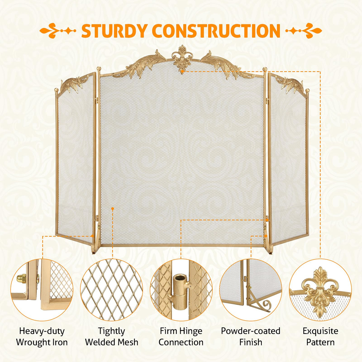 WICHEMI Fireplace Screen 3 Panel Folding Fireplace Screens 50.4 x 32.3 Inch Metal Furnace Fireguards Mesh Cover Baby Safe Proof Fence Spark Guard Cover Wrought Iron Fire Place Standing Gate (Golden)