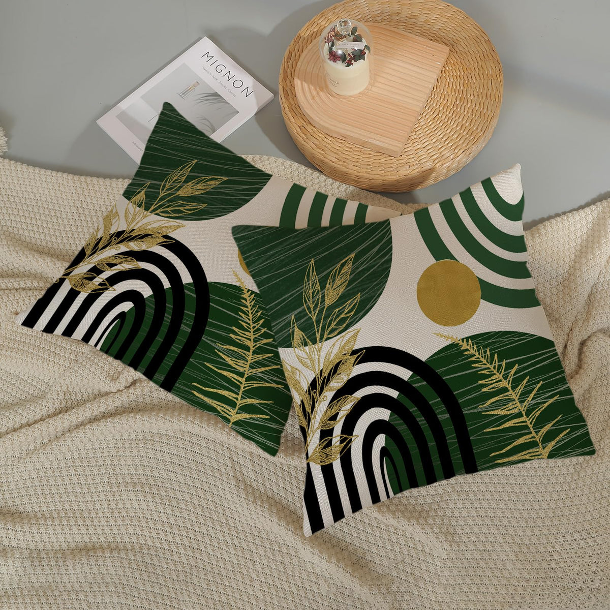 Boho Pillow Covers 18x18 Set Of Mid Century Green And Gold Leaf Art Line Throw Pillow Covers Outdoor Abstract Modern Bohemian Decor Farmhouse Linen Decorative Cushion Cover for Home Sofa Couch