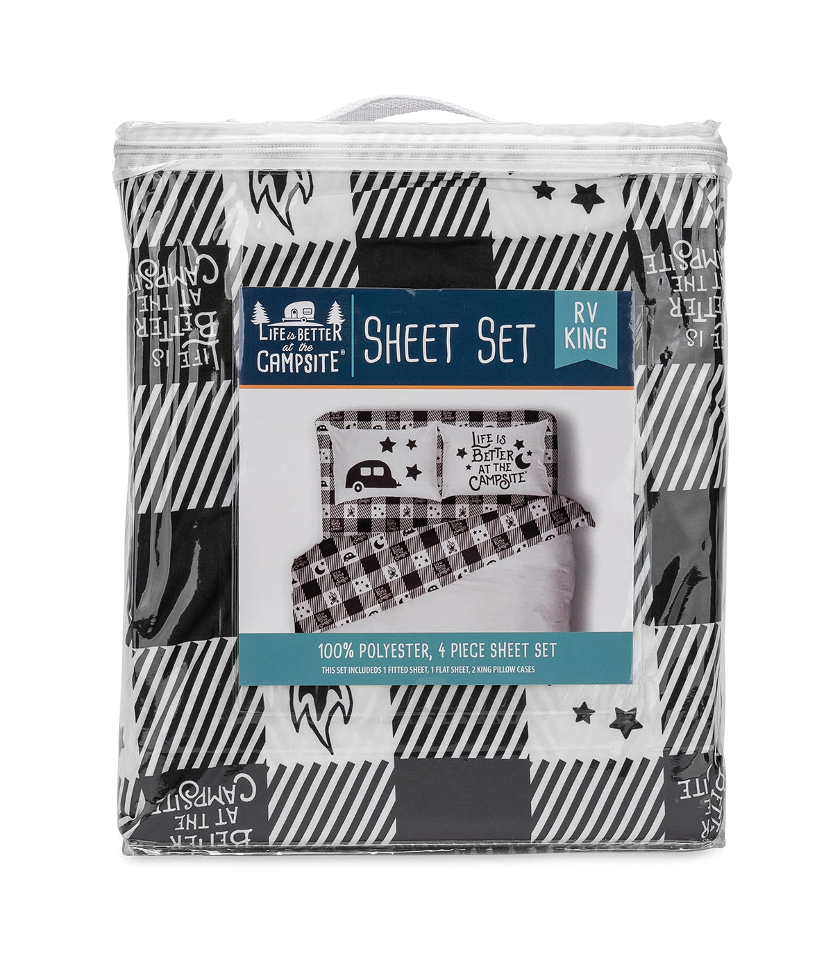 Camco Life is Better at The Campsite Camper/RV King Sized Bed Sheet Set | Features Camping Theme Design on Buffalo Plaid Pattern | Crafted of Soft Machine Washable Polyester | 4-Piece Set (53474)