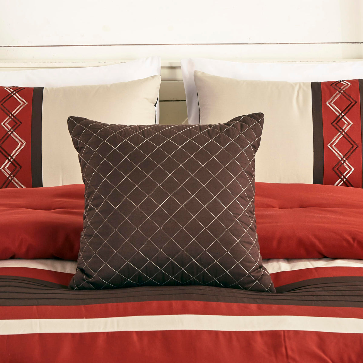 Chezmoi Collection Arden 7-Piece Modern Pleated Stripe Embroidered Zigzag Bedding Comforter Set (Queen, Spice/Brown/Coffee Cream)
