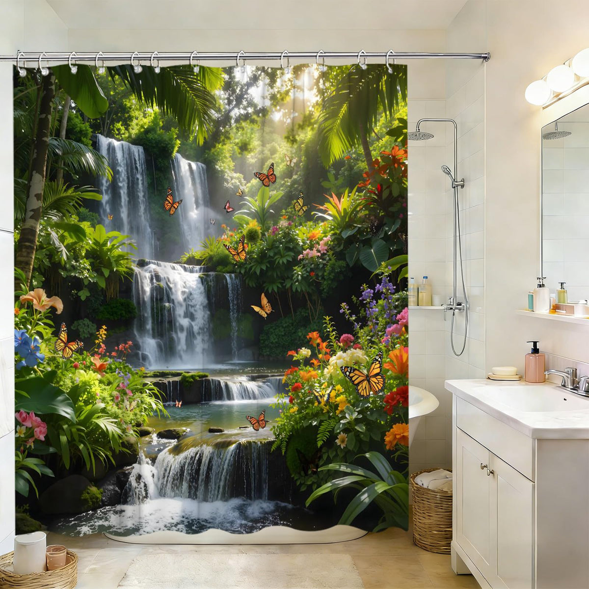 Forest Waterfall Shower Curtain Fantasty Spring Garden Flowers Butterflies Green Plants Streams Sunshine Rustic Natural Scenery Bathroom Decor Polyester Fabric Curtains with Hooks 70" W X 70" L