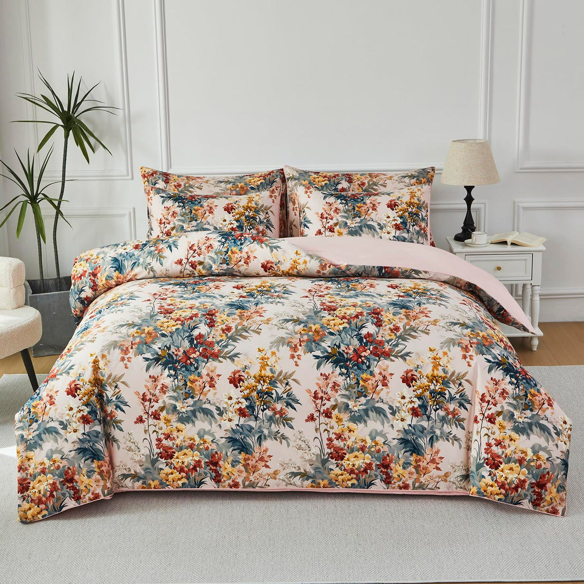 URBONUR Floral Duvet Cover Set Twin Size 3 Pieces 100% Cotton Silky Sateen Wildflowers Comforter Cover with 2 Pillowcases Soft & Breathable Bedding Sets